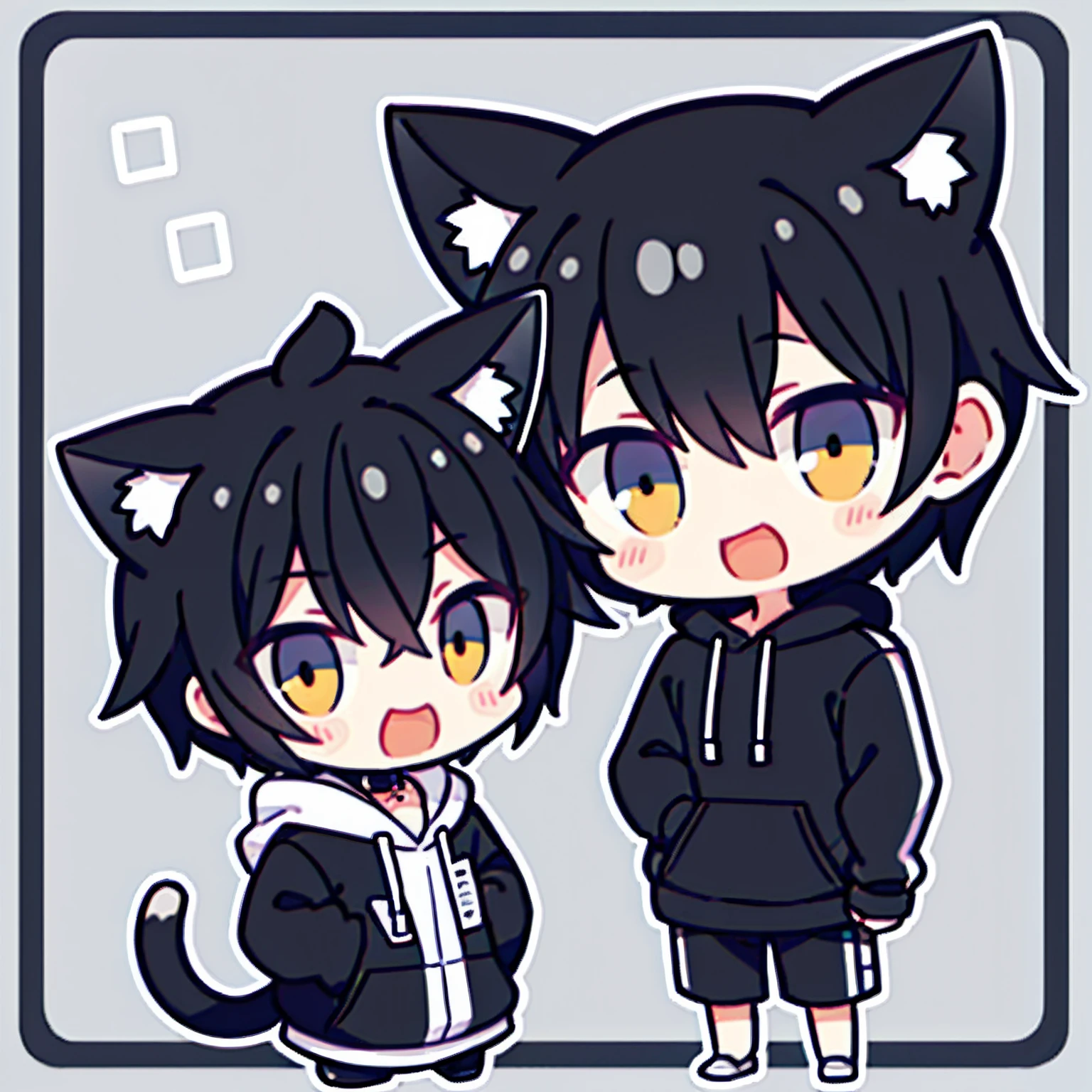 1boys，with short black hair，Black and white cat ears，Black and white sweatshirt，Earphone，coda，laughingly，pix，pixelart