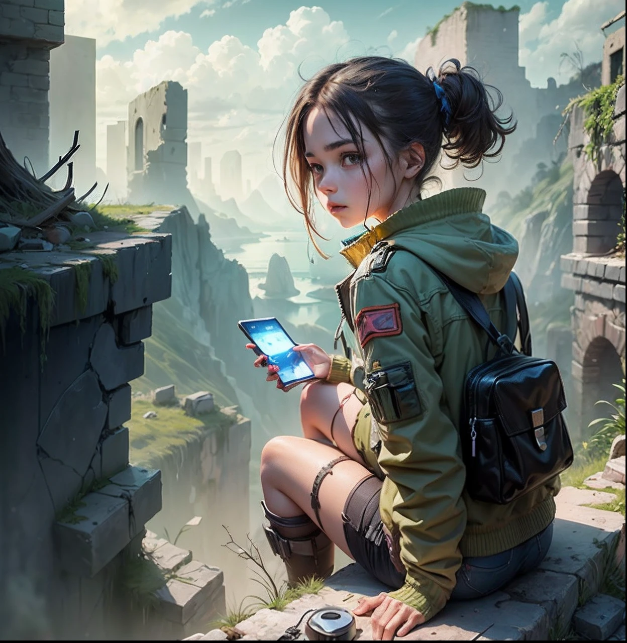 distant view, In the ruins of a post-apocalyptic world, a girl sits on the edge of a cliff, her electronic pet by her side. She is alone and afraid, but she knows that she must find a way to survive. --auto --s2