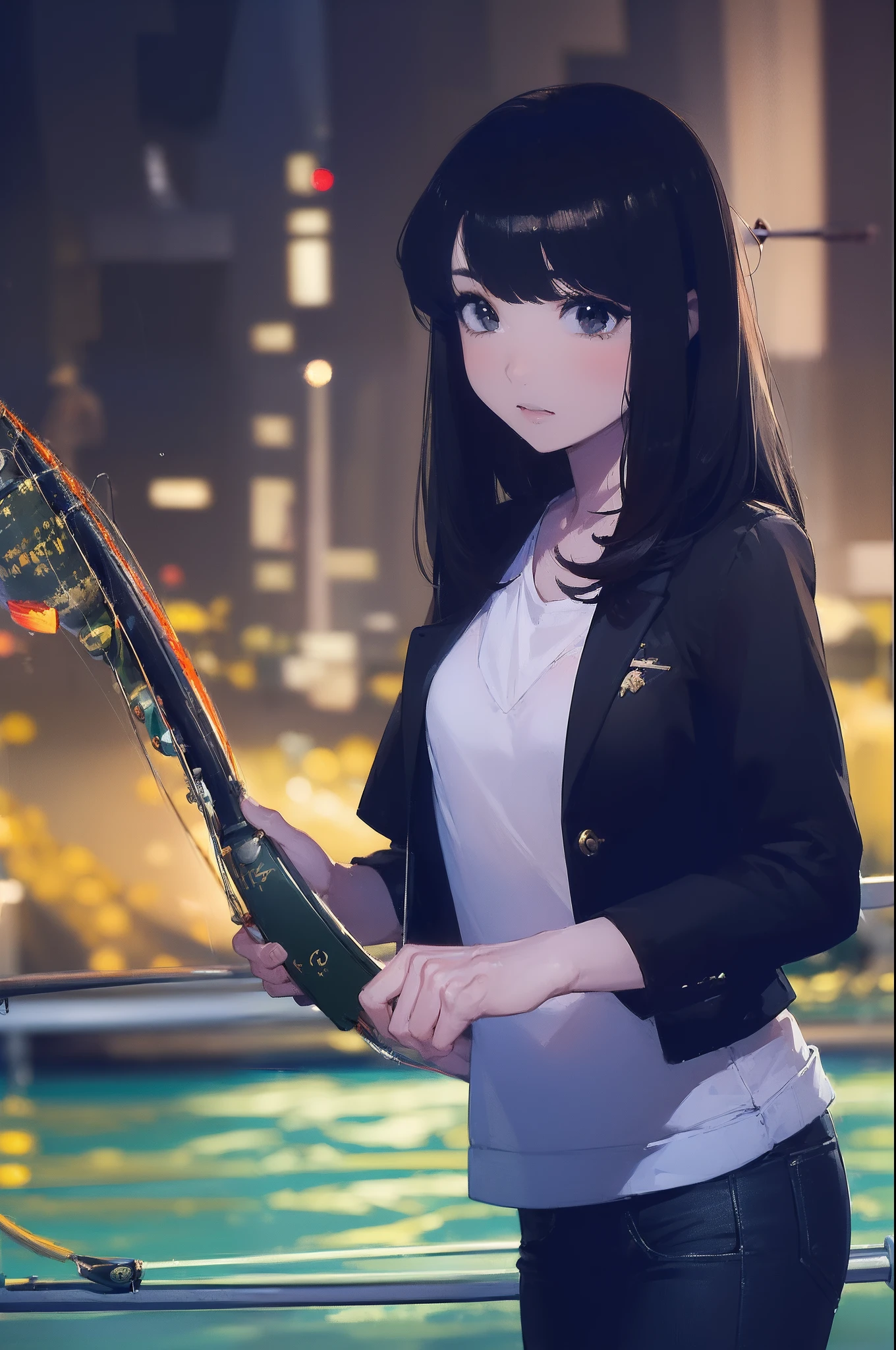 ((((having a fishing rod with a reel by the lakeside:1.5)))),((Female 28 years old)),((Best Quality:1.5)),(((Hands with the correct number and structure of fingers:1.4))),((Big fish:1.37)),hight resolution,ultra-detailliert,masterpiece,best qualtiy,(Eight-headed body),Black hair, long eyes-lashes, Solid Circle Eyes, drop shadow, Atmospheric perspective,Super Detail, ccurate, small brest,(Black jacket and black jeans :1.1),top-quality, blurry backround, bokeh dof:1.2, (masterpiece:1.3), Atmospheric perspective,Super Detail,dynamic compositions,