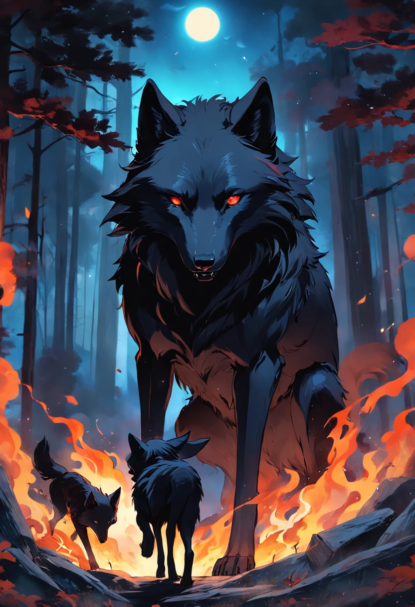 A black wolf remains under the moon and catches fire