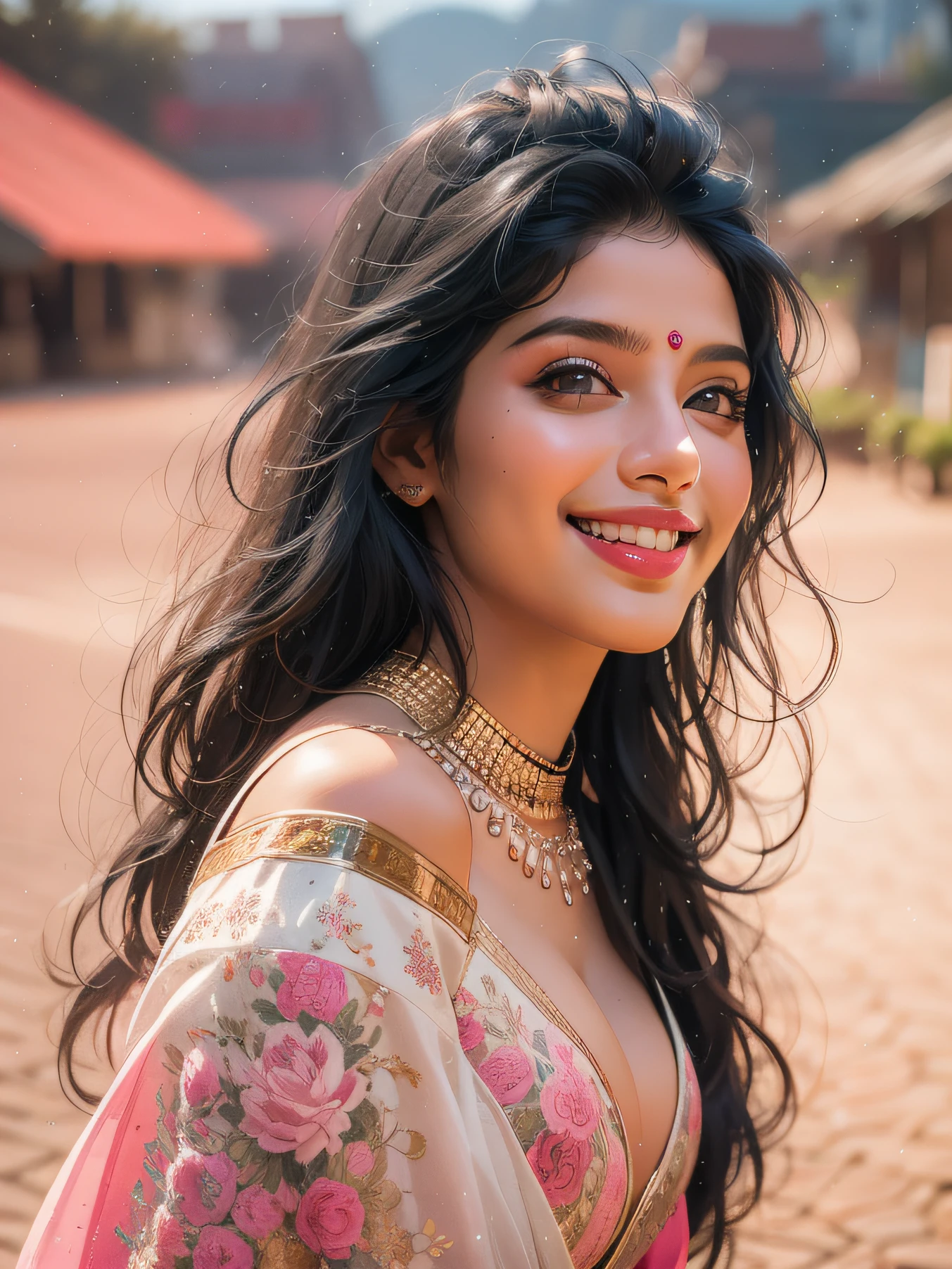 ((ultra hd, realistic, 8k)) a beautiful indian bengali girl, long black hair, 5.2 feet, pubic hair,nude, without clothes, big boobs, pink lipstic, transparent white saree,smile face, blur village background