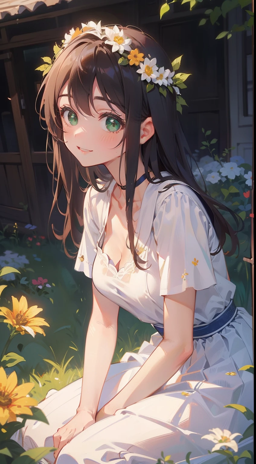 (masterpiece), (best quality), ultra high res, sharp focus, warm pastel tone, ((1 mature woman, solo)), very stunning and gorgeous woman, upper body, (from upfront), beautiful detailed hair, chestnut brown hair, messy flowing long hair, beautiful detailed face, perfect feminine face, ((beautiful shape eyes, green eyes)), look at the viewer, comfortable face, smiles, (feminine goddess greek outfit:1.2), (background blur), sitting on ground, in the beautiful flowers meadow