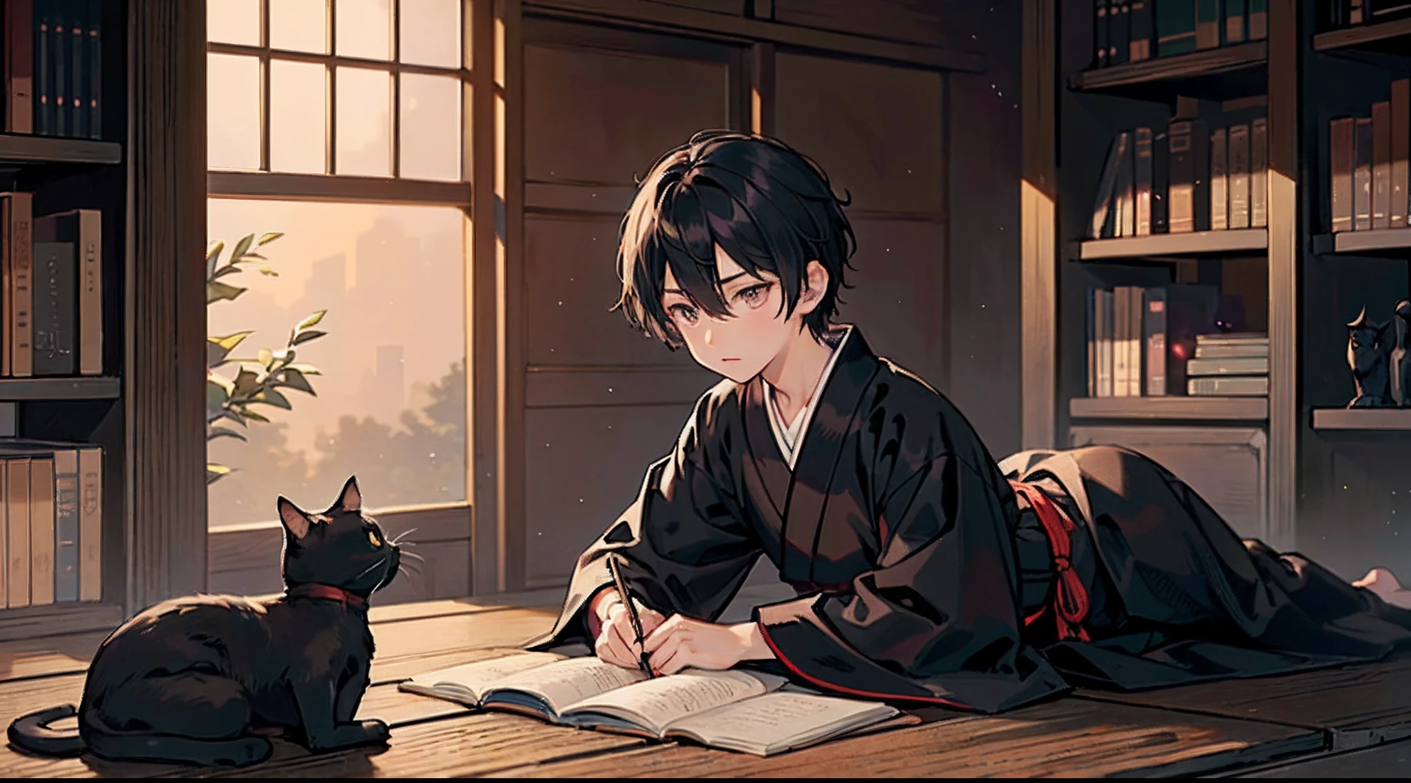 #night sky (darkness of night,no light),
#one writing boy (16 male、Honor Students、A dark-haired、short-hair、hakama,sit flat),
#black room at night (no light,black cat,wooden low table,one candle,pretty tatami,a lot of books,bookshelf)