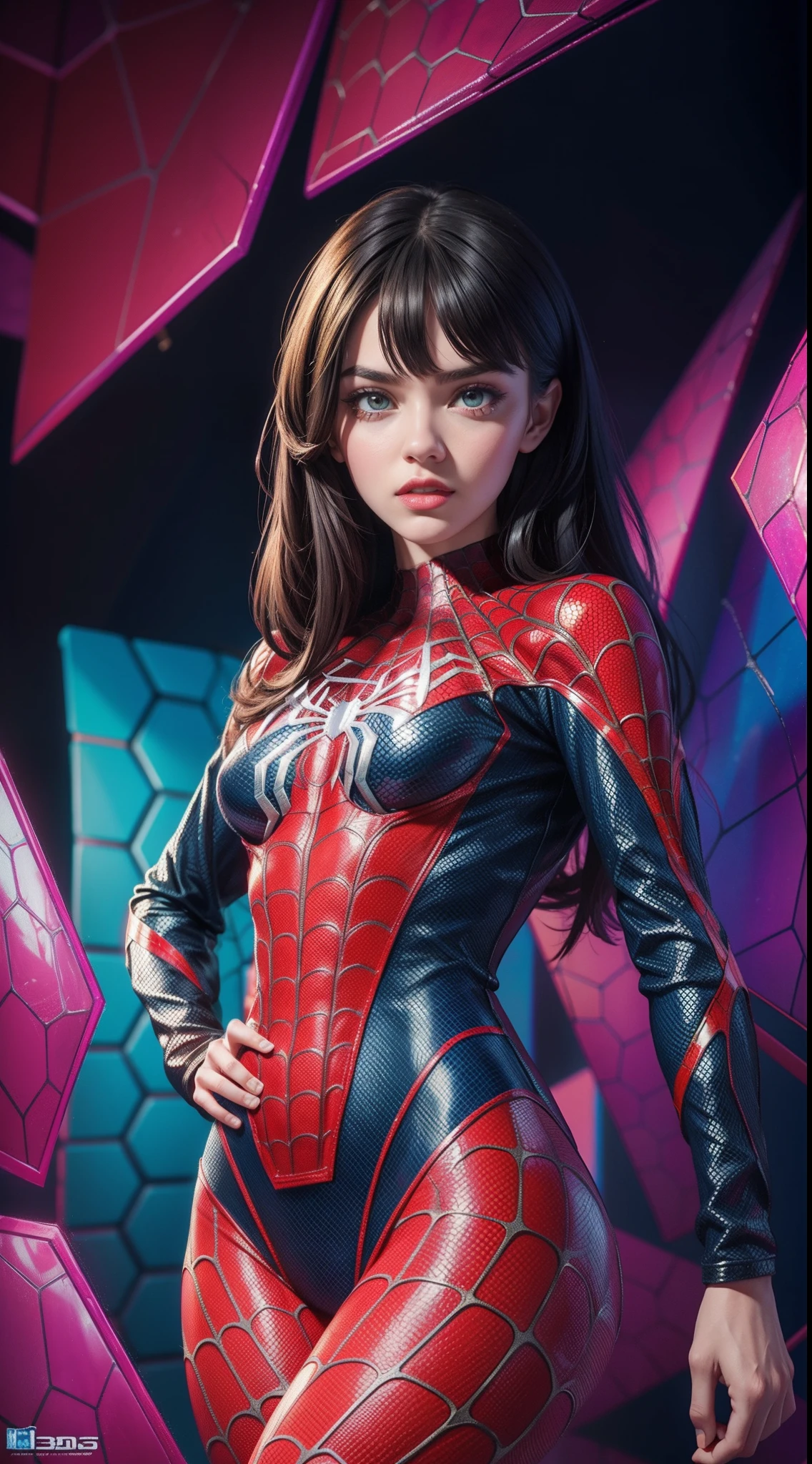 Spider-Girl из комиксов Marvel, Masterpiece, Best Quality, abstract, Psychedelic, Neon, (honeycomb pattern), (creative:1.3), Sy3, SMM, fantasy00d