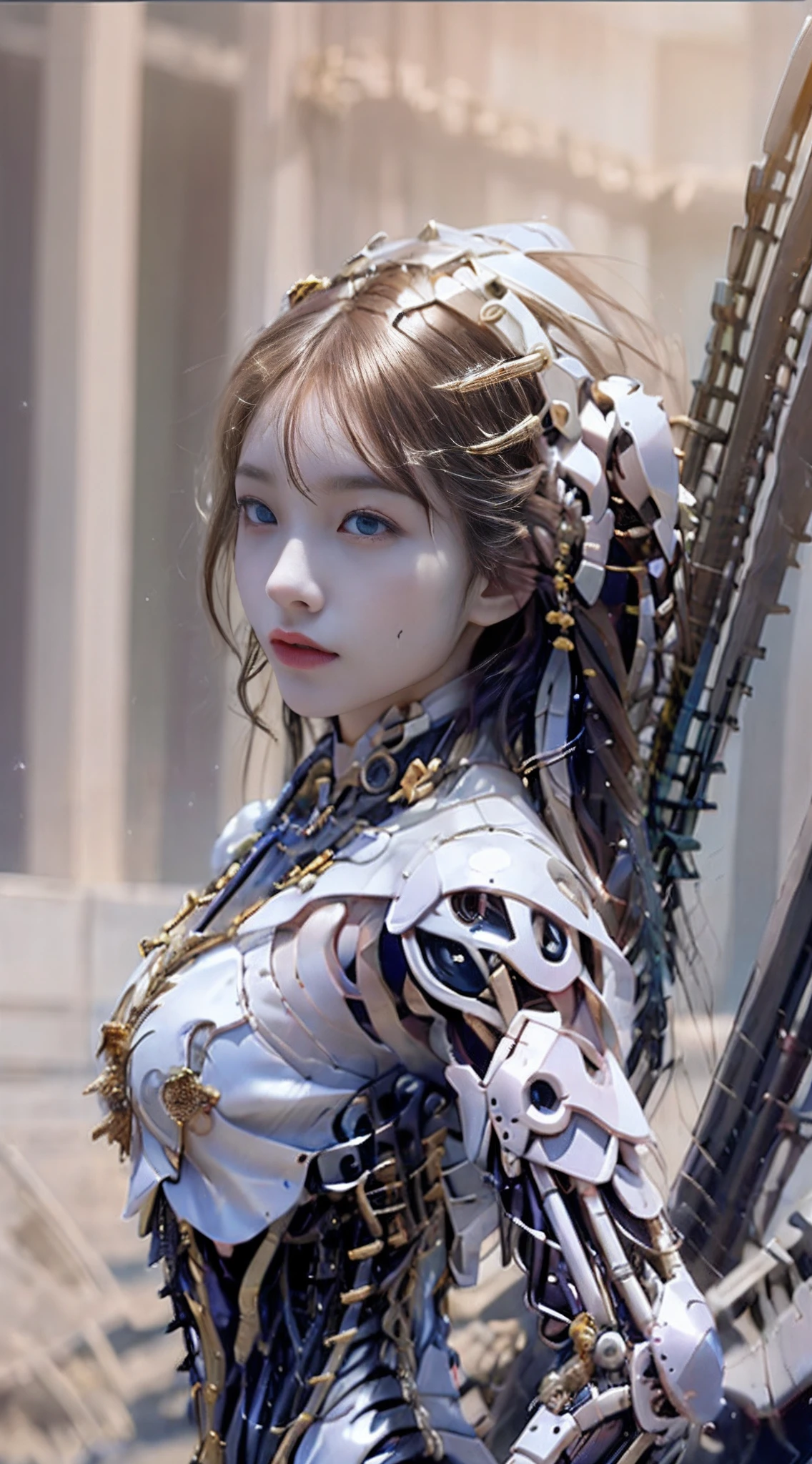 one-girl,HD face,Clear facial features,proper,Gold armor,Golden helmet,Body mechanical mech, mechs, 8K detail fantasy,Super delicate,ultra intricate,Sharpen,metalictexture,Gold machinery,Gold mechanical body,mechanicalparts,The machinery is complex and messy,screws,Celestial female form,background starry sky,Light exposure,radiating with light,blue eye glows,Mechanical screw holes,Line,Daylight,Aesthetics,dream magical,Long golden braid,