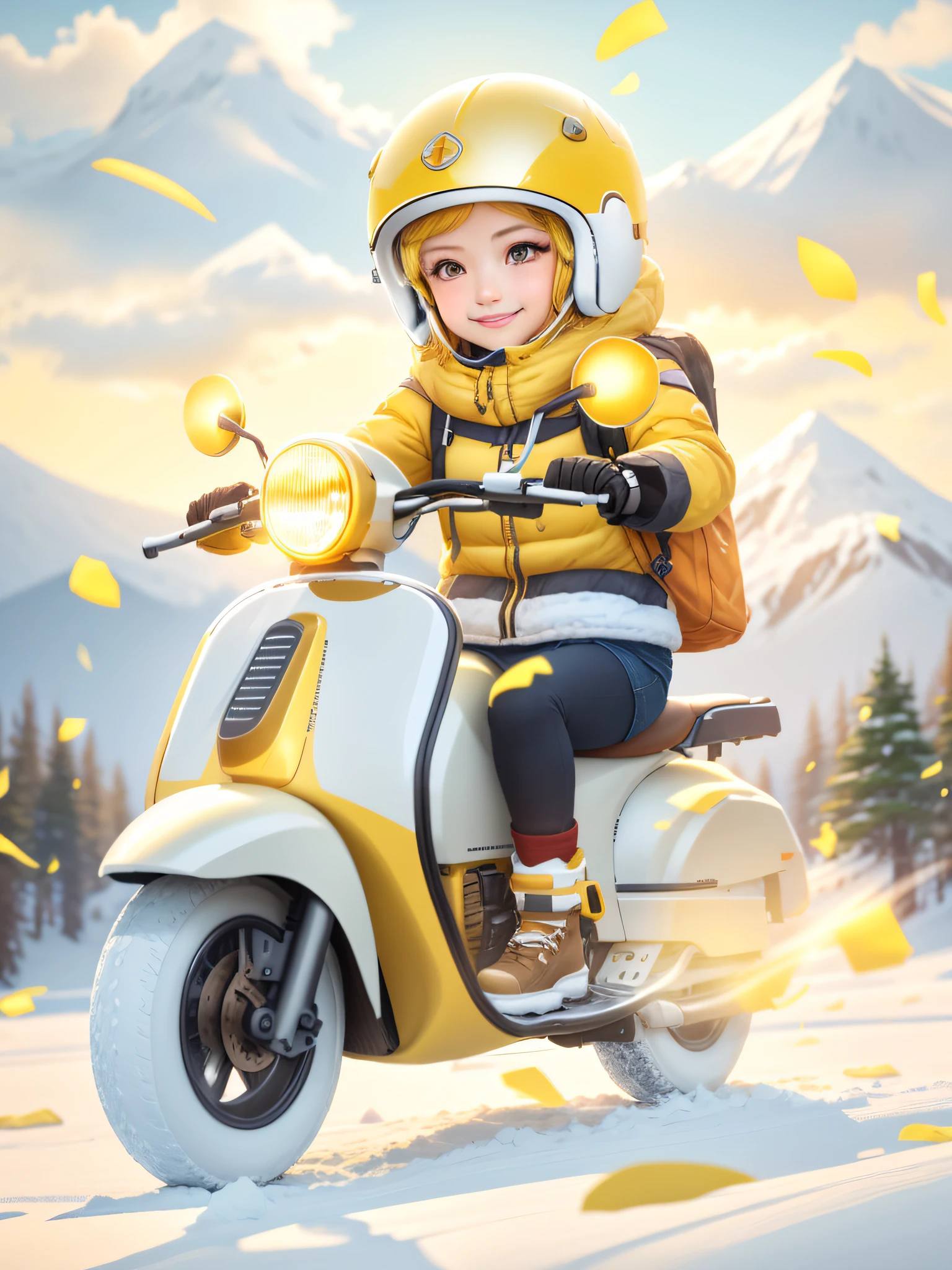 A beautiful girl dressed in yellow,Riding a yellow motorcycle,On the snow,There are trees,with a lake,There are mountains,3Drenderingof,中景 the scene is,depth of fields,3DMM style,(tmasterpiece,best qualtiy),Complicated details