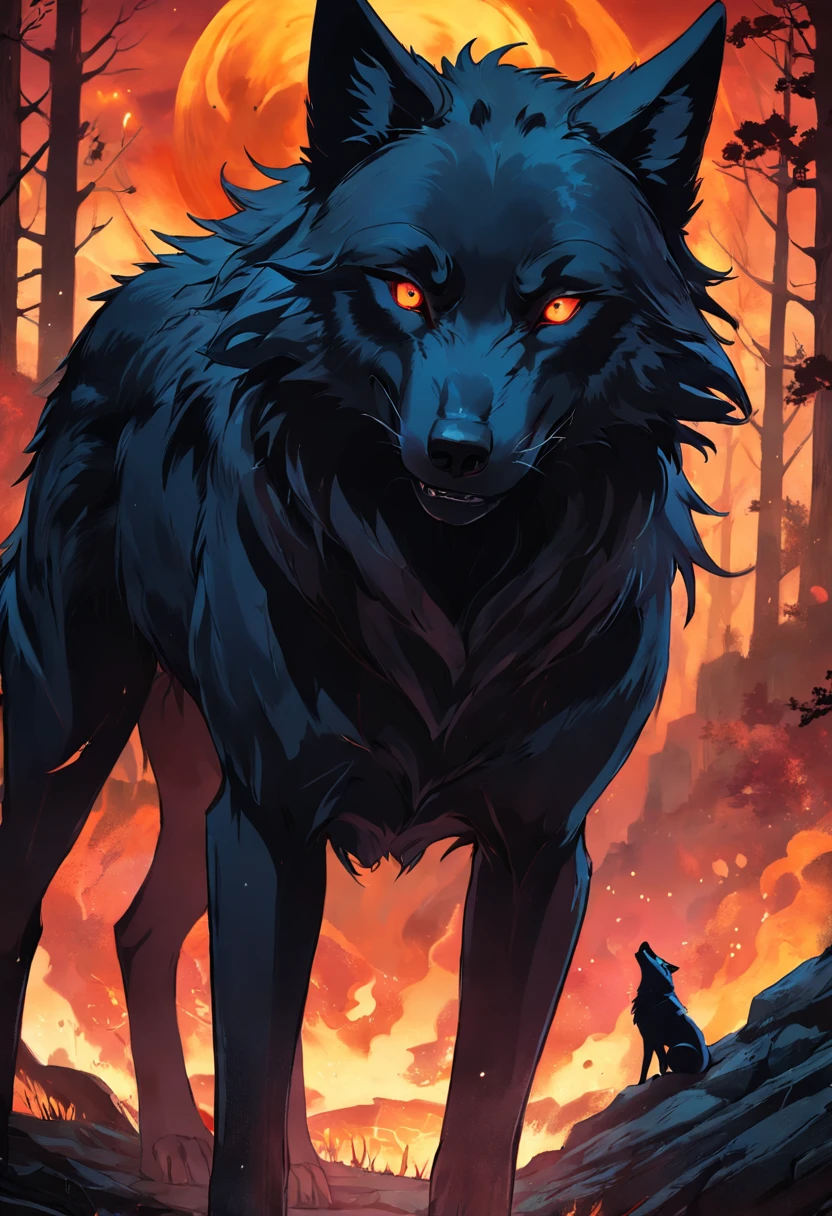 a fierce dark wolf with red eyes, magic, forest, fantastic, night sky, moon, stars, background, (simple oil painting in a style to Bill Sienkiewicz)
