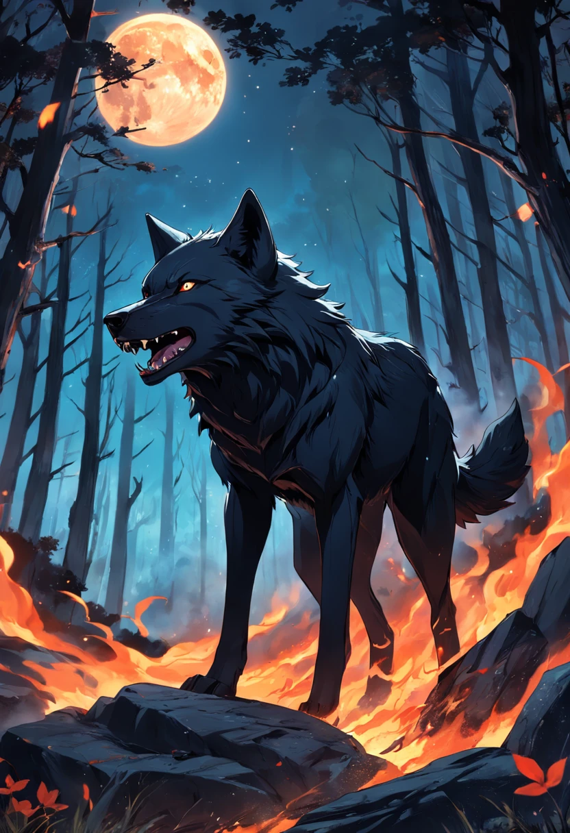 The black wolf remained under the moon and caught fire