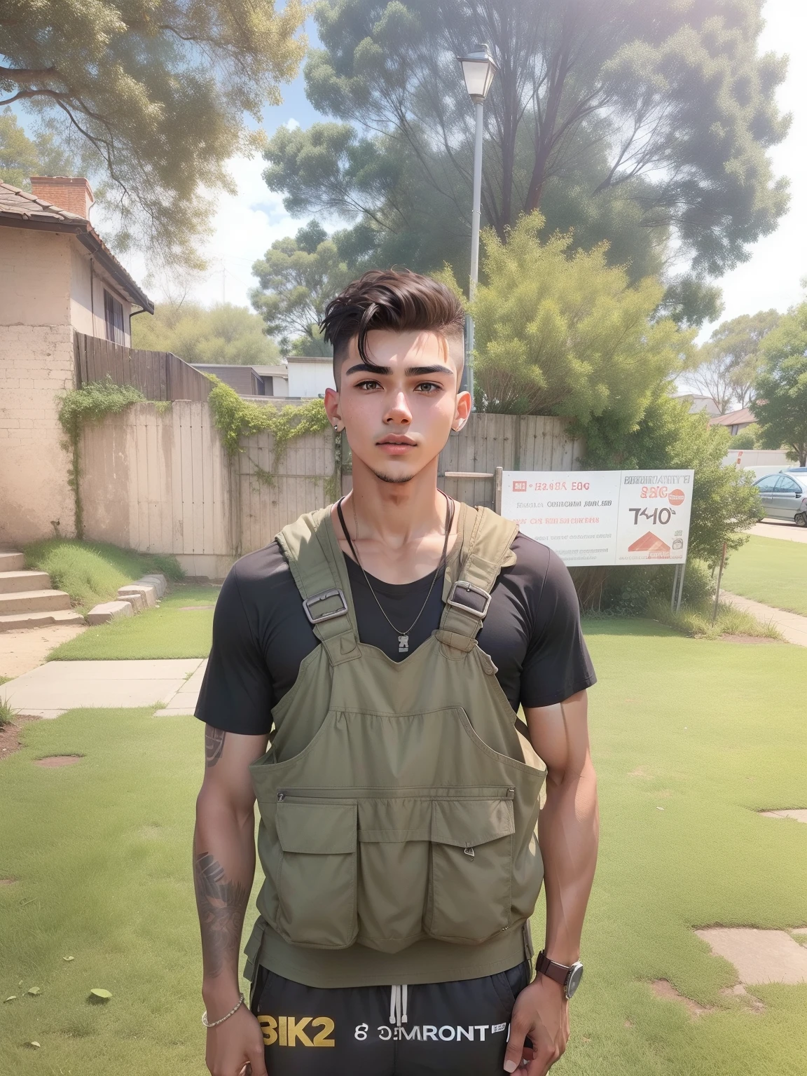 20 year old boy, strong, brown eyes, short hair on the sides and longer on top, 8k, dark