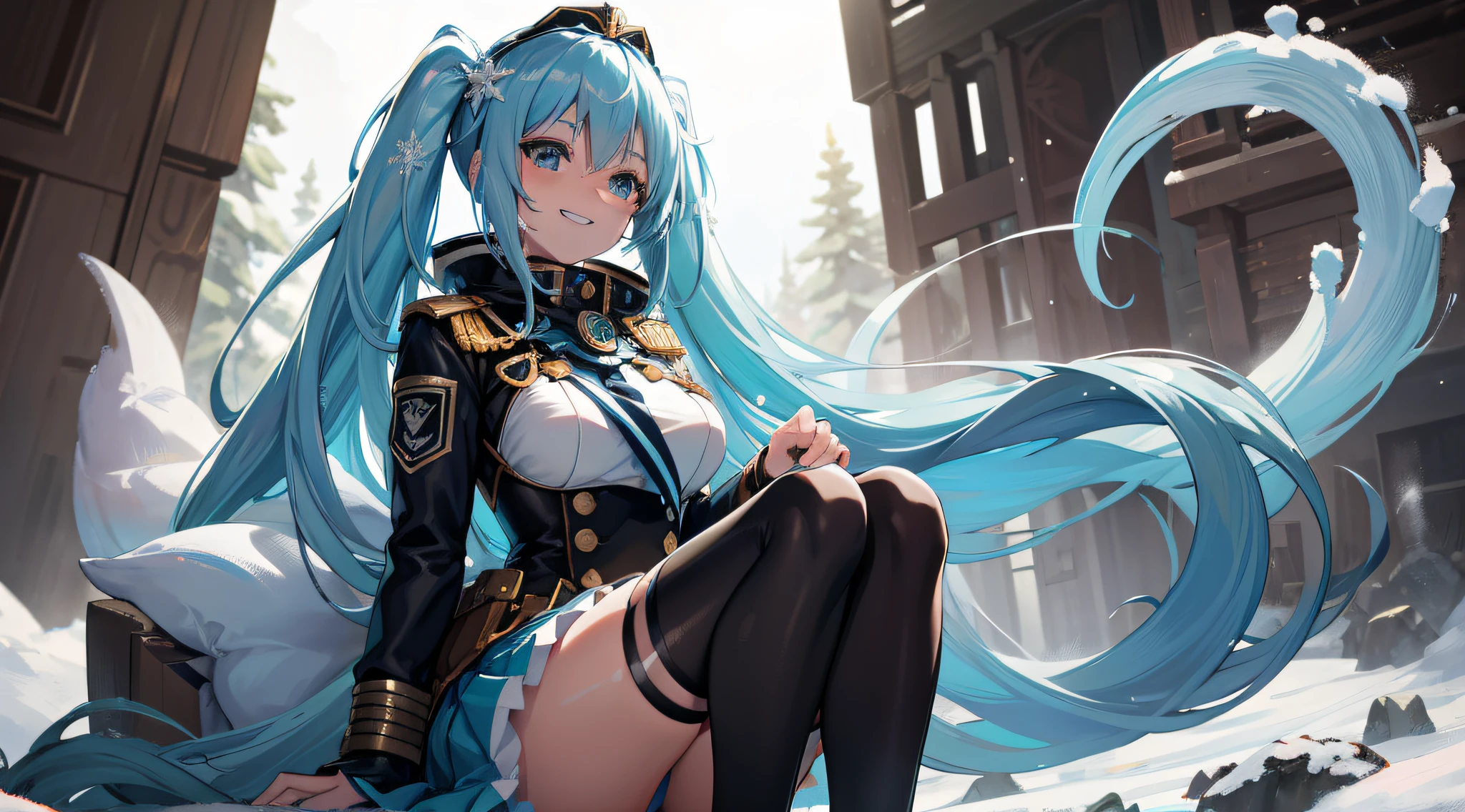 watery big eyes, wide blue eyes, Pick up the M1 Garand rifle with both hands, The muzzle is oriented towards the direction of the gaze, Snow background, . Officer epaulettes, Women's snow uniform, Over-the-knee leather socks, Leather military shoes, Light blue hair, Gradient hair, double tails, Very long hair, crystal hair, Shiny hair, Blue ice crown, crescent hair ornament, goggles on head, snowflake hair ornament, Colored Contact Lenses, Lips slightly upturned, grin, Light smile, Blushing ears , Light blush, face to face, Anime style, projected inset, Close-up, Sony FE GM, 135mm, Eye level shots, f/16, hyper HD, retinas, 16k, Best quality, A high resolution, Award-Awarded, Textured skin,Big breasts Hatsune Miku,There is a military badge on the chest,