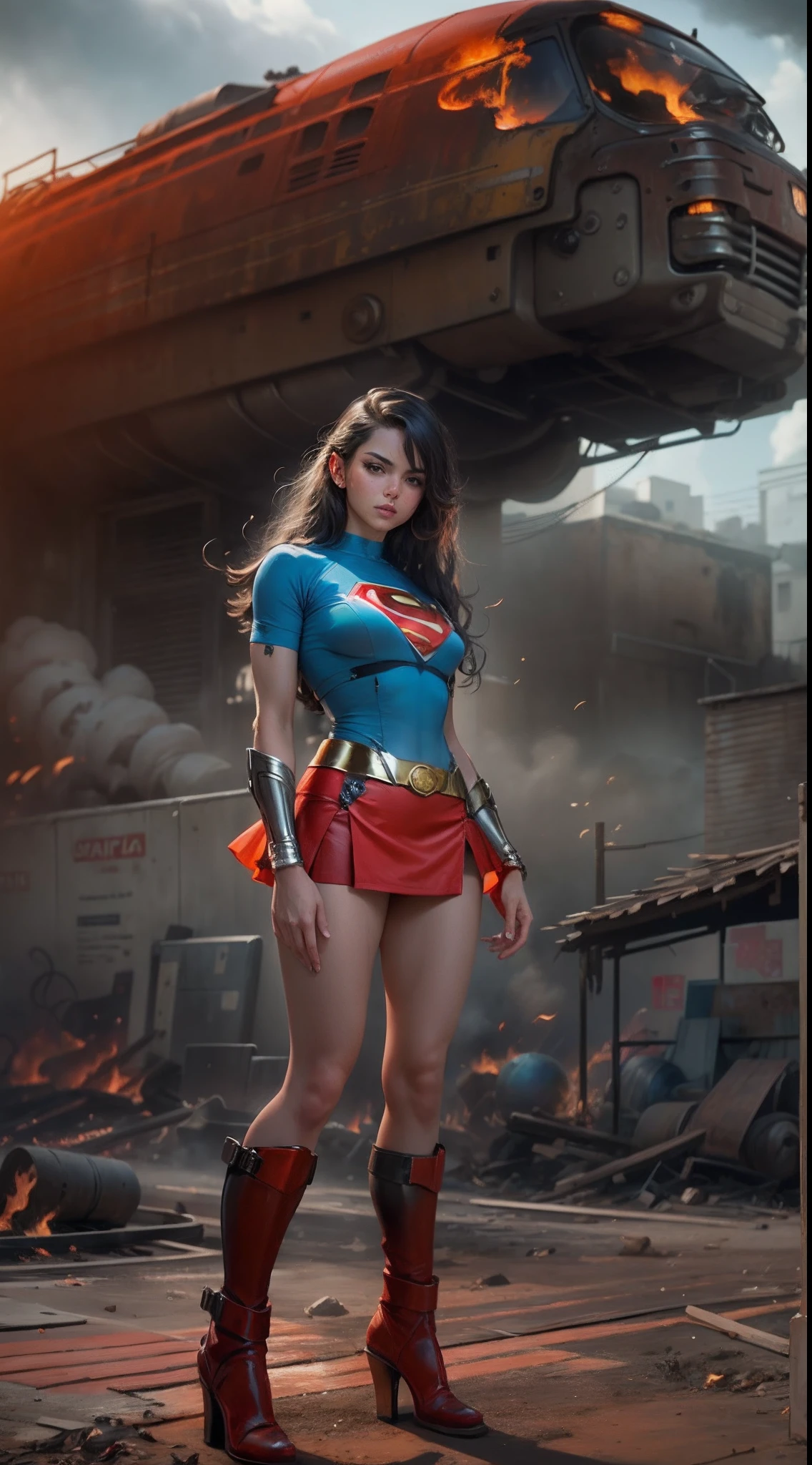 motor irreal:1.4,CG ultra realista 64K, fotorrealista:1.4, textura de la piel:1.4, obra maestra:1.4,posing behind Beautiful woman in a Superman costume standing in front of a fire apocalyptic city, mostrando vientre plano,red miniskirt, ,beautiful fine hands,