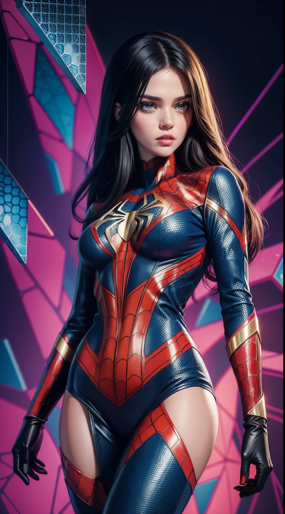 Spider-Woman из комиксов Marvel, Masterpiece, Best Quality, abstract, Psychedelic, Neon, (honeycomb pattern), (creative:1.3), Sy3, SMM, fantasy00d