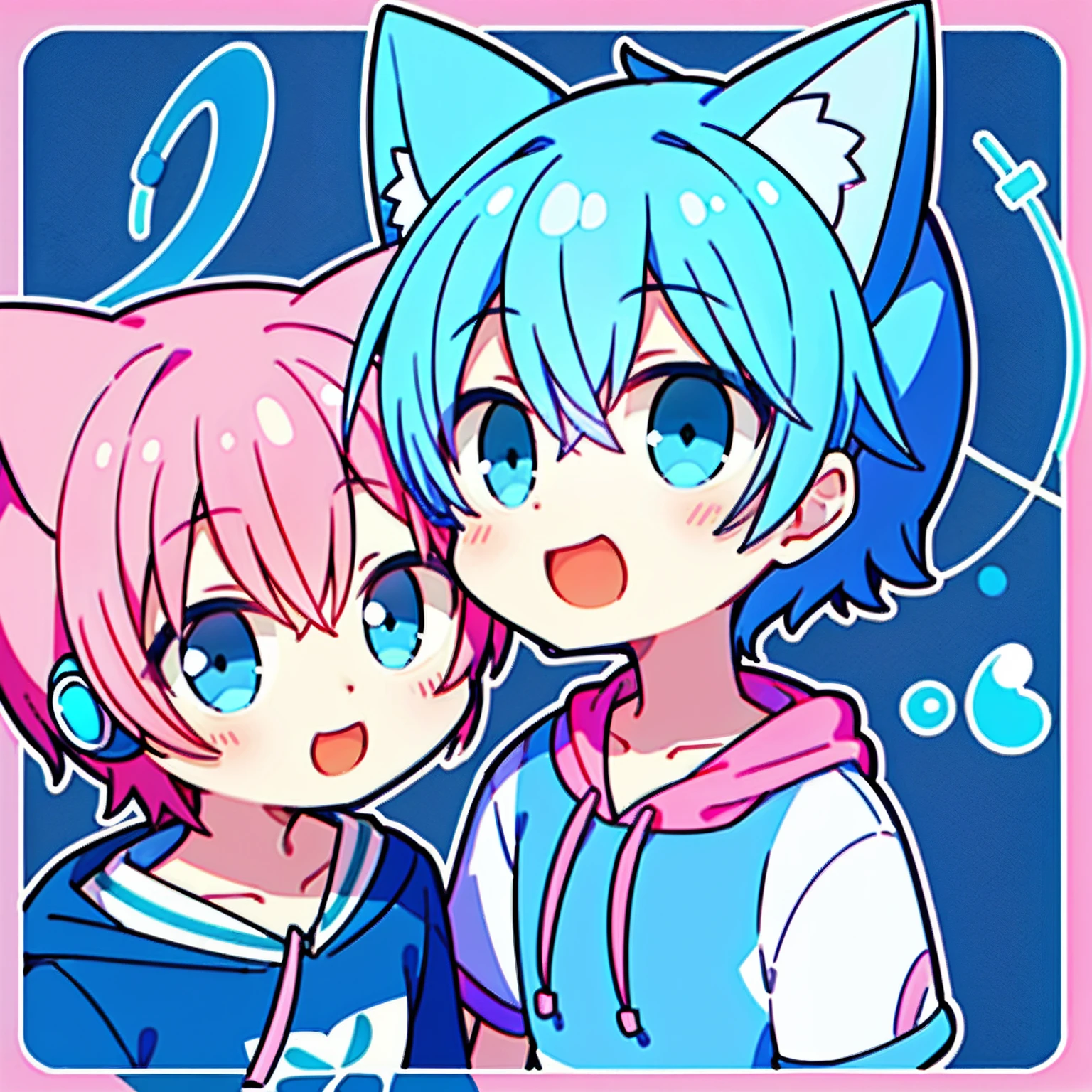 1boys，blue short hair，Blue and white cat ears，Blue and white sweatshirt，Earphone，coda，laughingly，1girll，pink short hair，Pink cat ears，Pink and white sweatshirt