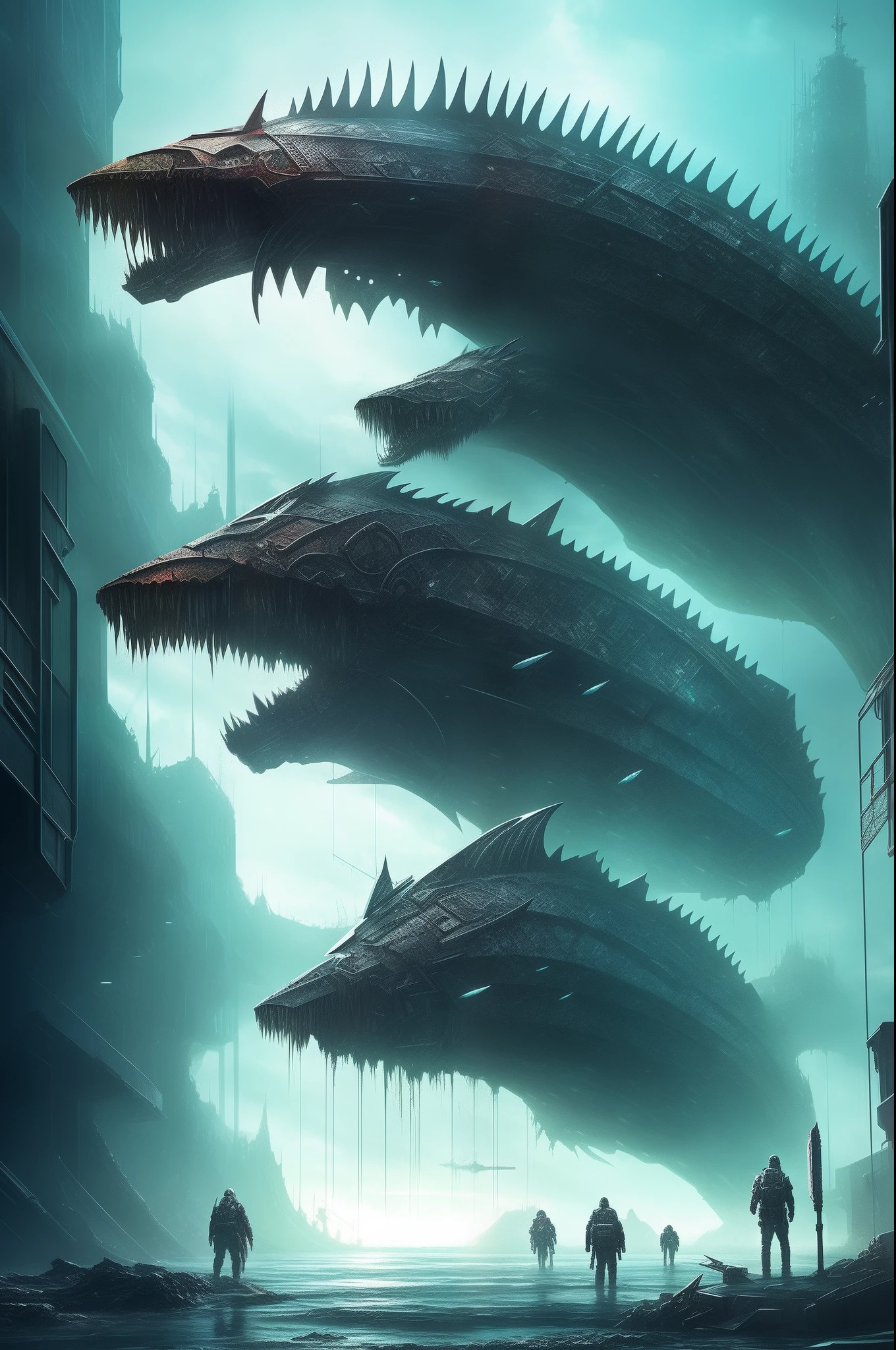 acid rain,Schools of mutated fish,huge fish bone,Dry oceans,Small human beings,Armageddon,cyber punk perssonage,sci - fi horror art, epic fantasy sci fi illustration,