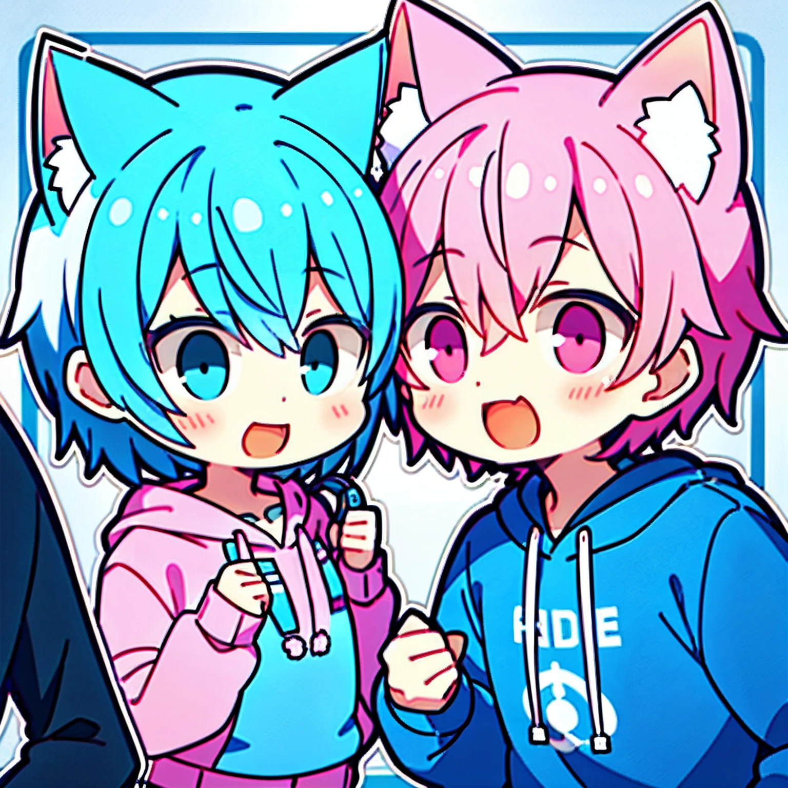 1boys,blue short hair,Blue and white cat ears,Blue and white sweatshirt,Earphone,coda,laughingly,1girll,pink short hair,Pink cat ears,Pink and white sweatshirt