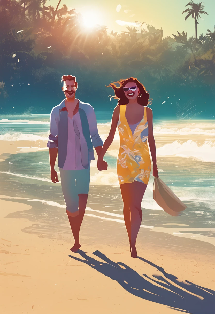 sea, beach, two people are standing, Europeans, World Laziness Day, holiday