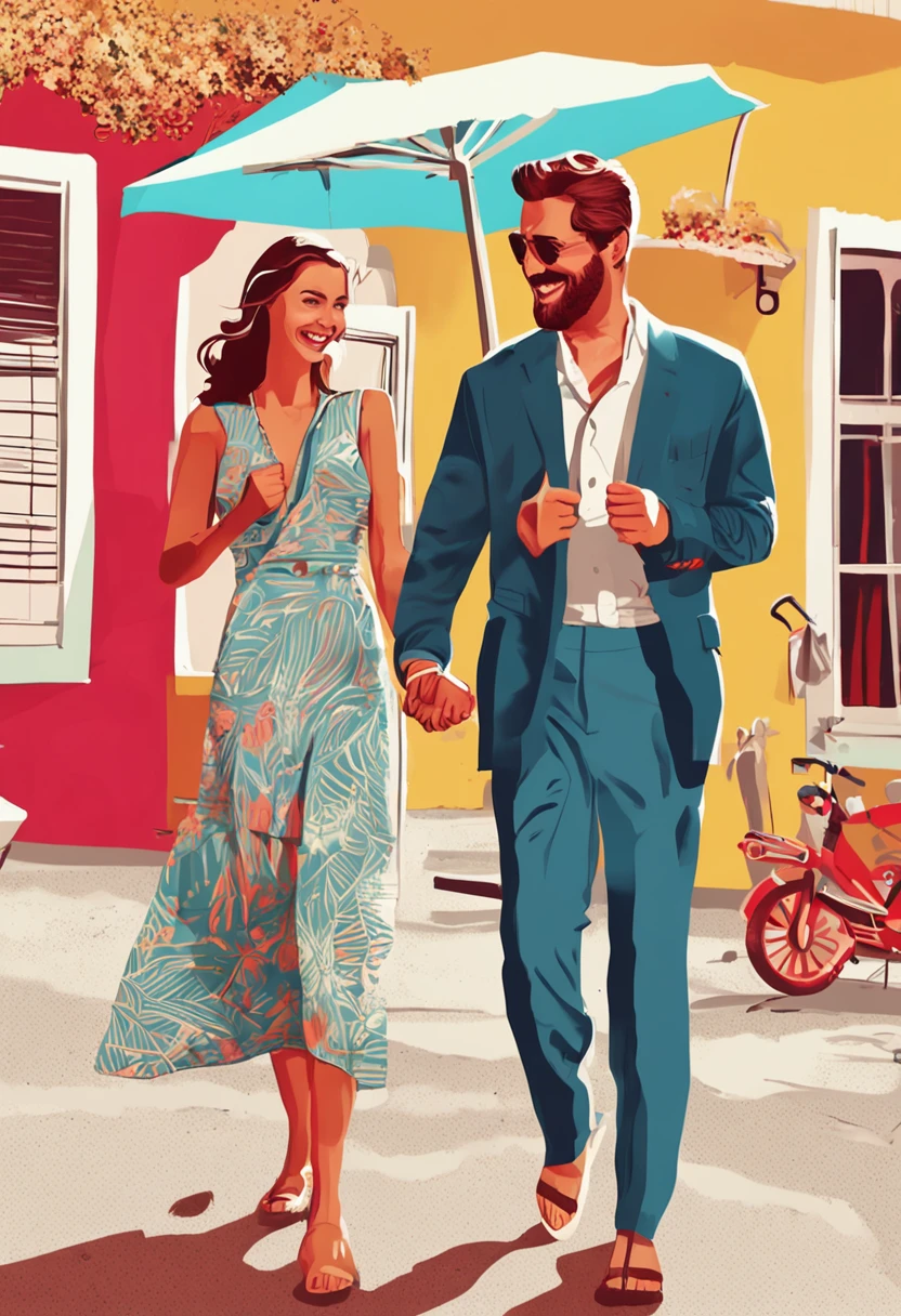 they are on the beach and smiling for the camera, smiling couple, happy couple, romantic couple, beautiful sunny day, mixed art, sun is shining, digitally enhanced, bright sunny day, in a beachfront environment, man and woman in love, inspiring, in a scenic background, romantic, by Juan O'Gorman, looking happy, subtle detailing, beautiful daylight