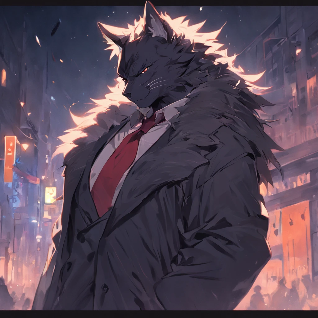 4K, high resolution, Best quality, Masterpiece, perfect colors, perfectly shaded, Perfect lighting, posted on e621, (by Chunie), Furry, anthro, Furry art,middle aged man，Big back，Black and white hair，stubbles，Handsome face，wind coat，Business suit，围巾，cigars，Male Black Panther
