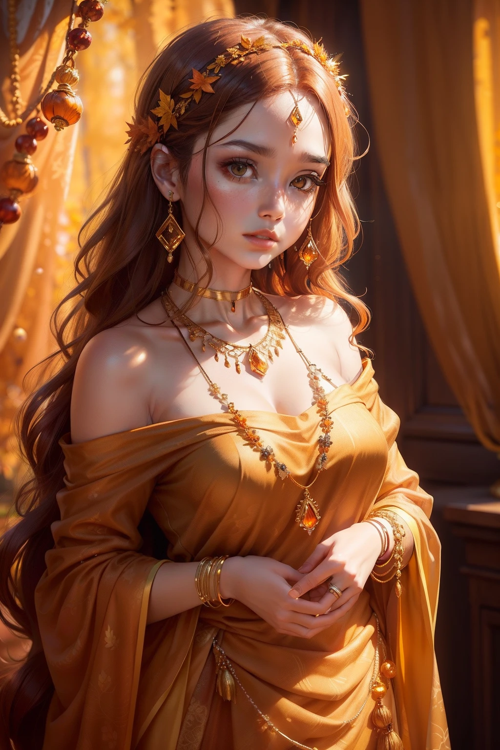 There is a gold necklace,It has a string of orange and yellow beads on it, amber jewelry, Amber jewelry, golden autumn, beautiful autumn spirit, glowing amber, renaissance autumnal, jewelry photography, sunny amber morning light, melancholy autumn light, wearing gilded ribes, autumnal, Gem Necklace, autumn light, a jewellery design