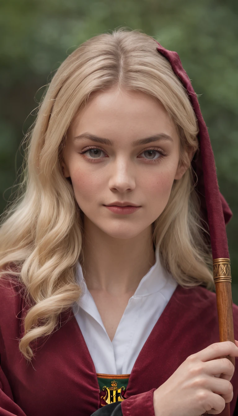 Her face showed a sense of determination and justice. Her sharp eyes reflect her unwavering determination and compassion for others. Her blonde hair poured down in sweet waves，Set off her face elegantly. Arad woman in Harry Potter robes holding wands, wearing hogwarts!!! Robes!!!, wearing black wizard robes, wearing wizard robes, Gryffindor, Magical school student uniform, magic school uniform, magic uniform university, academic clothing, wearing robes and neckties, Wizard robes, hogwarts style, wearing red sorcerer's robes, High quality clothing