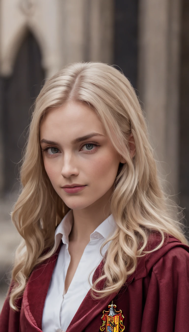 Her face showed a sense of determination and justice. Her sharp eyes reflect her unwavering determination and compassion for others. Her blonde hair poured down in sweet waves,Set off her face elegantly. Arad woman in Harry Potter robes holding wands, wearing hogwarts!!! Robes!!!, wearing black wizard robes, wearing wizard robes, Gryffindor, Magical school student uniform, magic school uniform, magic uniform university, academic clothing, wearing robes and neckties, Wizard robes, hogwarts style, wearing red sorcerer's robes, High quality clothing