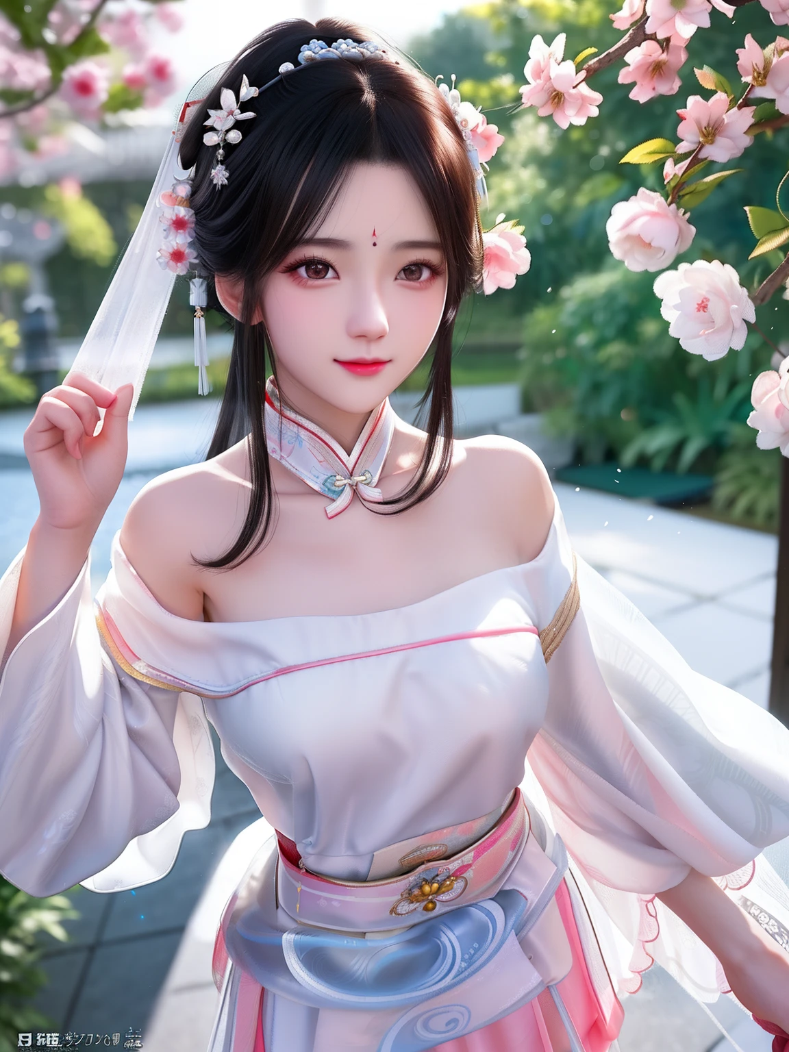 there is a woman with a white dress posing for a picture, White Hanfu, Palace , A girl in Hanfu, trending on cgstation, Anime girl cosplay, Japanese goddess, gorgeous chinese models, Chinese girl, trending at cgstation, Guviz-style artwork, beautiful teenage girl, a beautiful fantasy empress, beautiful and seductive anime woman, China Princess