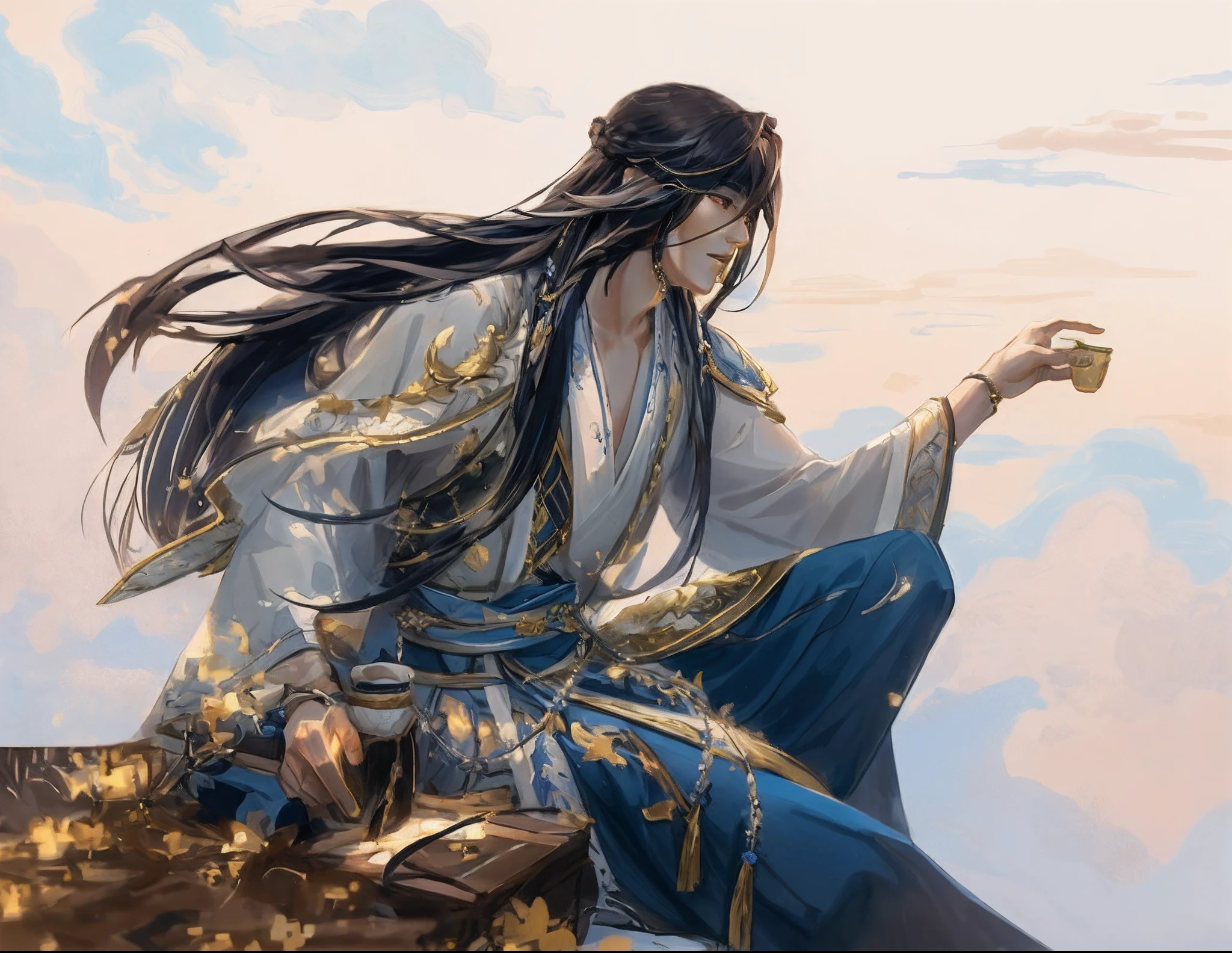 Image of Alphard sitting on a rock drinking, flowing hair and long robes, inspired by Wu Daozi, by Yang J, Beautiful character painting, Inspired by Cao Zhibai, handsome guy in demon killer art, inspired by Yeong-Hao Han, Inspired by Zhao Yuan, G Liulian art style,k hd,the detail,Real hands
