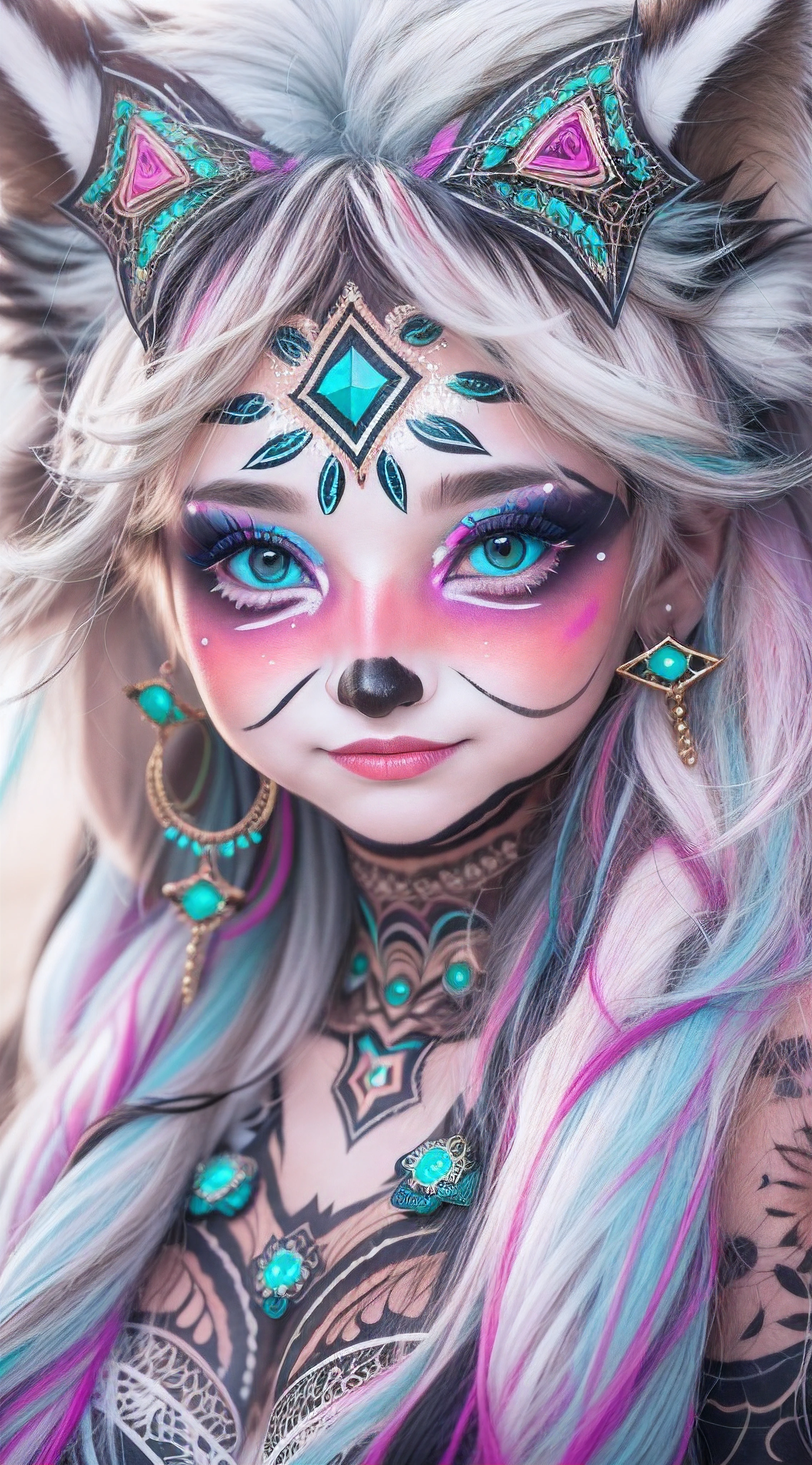 32k, close up, very beautiful tribal raccoon girl with excessive intricately detailed vivdly colorful facepaint bodypaint makeup, stunning radiant teal eyes, gorgeous white hair with pink highlights, magical night sky background