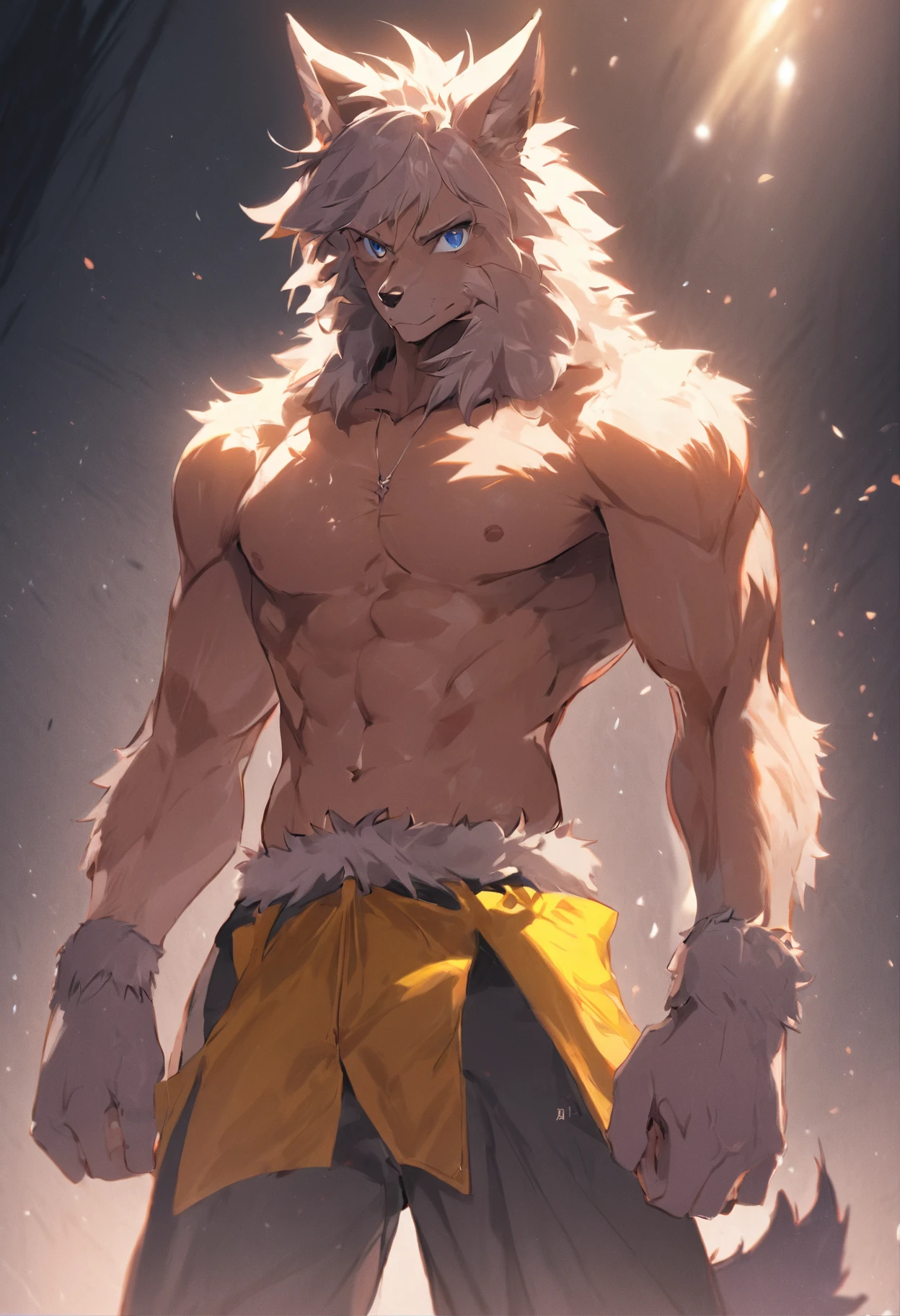 4K, high resolution, Best quality, Masterpiece, perfect colors, perfectly shaded, Perfect lighting, posted on e621, (by Chunie), Furry, anthro, Furry art, ((Portrait)), Male wolf, gray wolf, (two-toned fur), hairy bodies, Yellow eyes, (Seductive look:1.2), fit body, perfect male figure, Wear men's boxing pants,Abs，musculature,Detailed fur, Detailed face, Perfect face, (The stands up), Detailed background, ((Bonifasko lighting)), Wolf tail, (Detailed eyes), perfect pupils