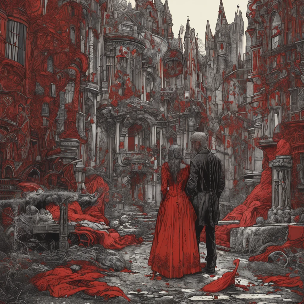 she may be the face I can't forget the trace of pleasure I regret may be my treasure or the price I have to pay, illustration of a love story, in the style of romantic and memory, in the color of scarlet and white, gothic grotesque figures, realist: lifelike accuracy, witchcore, john salminen, emphasis on contrast, functionality emphasis