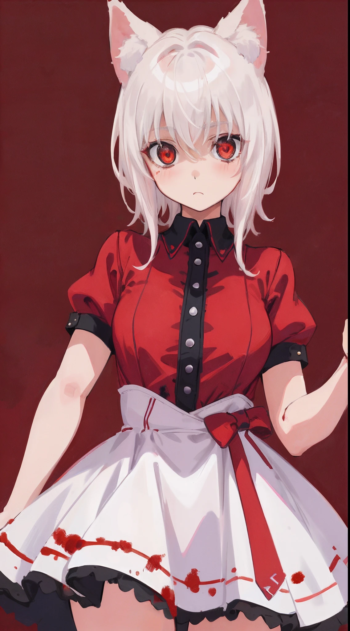 Best quality, (masterpiece:1.2), highly detailed, standing, cat ears, 1girl, solo, tojo koneko, looking at the viewer, medium breasts, red eyes, white hair, short hair, hair decoration, ((elegant red dress)), blushed, (simple background), ((blood)), ((20 years old)), (((upper body)))