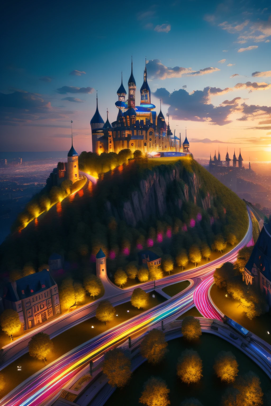 (8K),(Best quality:1.2),(Hyperrealistic:1.2), Cinematic lighting, Highly detailed,Sharp focus,(award winning macro photography:1.1) ,(3D modeling),(Colorful city:1.2),View from the hill,Detailed and exquisite castle,Abundant buildings