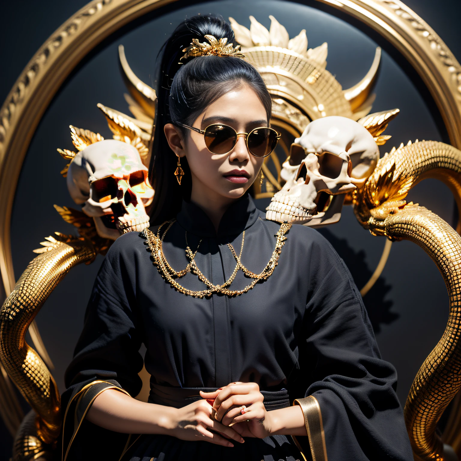Crocodile pond，32K（tmasterpiece，k hd，hyper HD，32K）Burgundy double ponytail，flower stick，Indigo Skull King ，Hold the heavy wooden steering wheel （The skeleton is realistic：1.4），Crocodile pattern robe，Rusty skull ornaments，Sargin linen cloak，Petals flutter，Deep gold sunglasses，Hold your head high，Be proud，The nostrils look at people，A primary and secondary school student， A high resolution，Xueba， the detail， RAW photogr， Sharp Re， Nikon D850 Film Stock Photo by Jefferies Lee 4 Kodak Portra 400 Camera F1.6 shots, Rich colors, ultra-realistic vivid textures, Dramatic lighting, Unreal Engine Art Station Trend, cinestir 800，Hold your head high，Lateral face，Be proud，The nostrils look at people，Tsundere，Petals flutter，Petals flutter，Crocodiles sprinkled with gold dust，Fluttering，Impeccable，( reasonable design, Clear lines, High sharpness,Best quality, Very detailed skeleton, The skeleton of a masterpiece, offcial art, movie light effect, 8K crocodile skeleton（（（Platinum marble sunglasses）））Deep gold sunglasses，side portrait