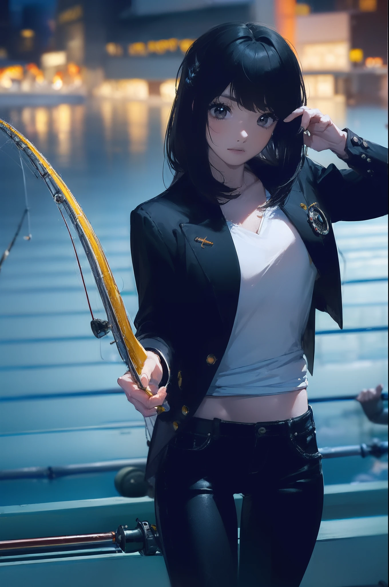 ((((having a fishing rod with a reel by the lakeside:1.5)))),((Female 28 years old)),((Best Quality:1.5)),(((Hands with the correct number and structure of fingers:1.4))),((Big fish:1.37)),hight resolution,ultra-detailliert,​masterpiece,best qualtiy,(Eight-headed body),Black hair, long eyes-lashes, Solid Circle Eyes, drop shadow, Atmospheric perspective,Super Detail, ccurate, small brest,(Black jacket and black jeans :1.1),top-quality, blurry backround, bokeh dof:1.2, (​masterpiece:1.3),  Atmospheric perspective,Super Detail,dynamic compositions,