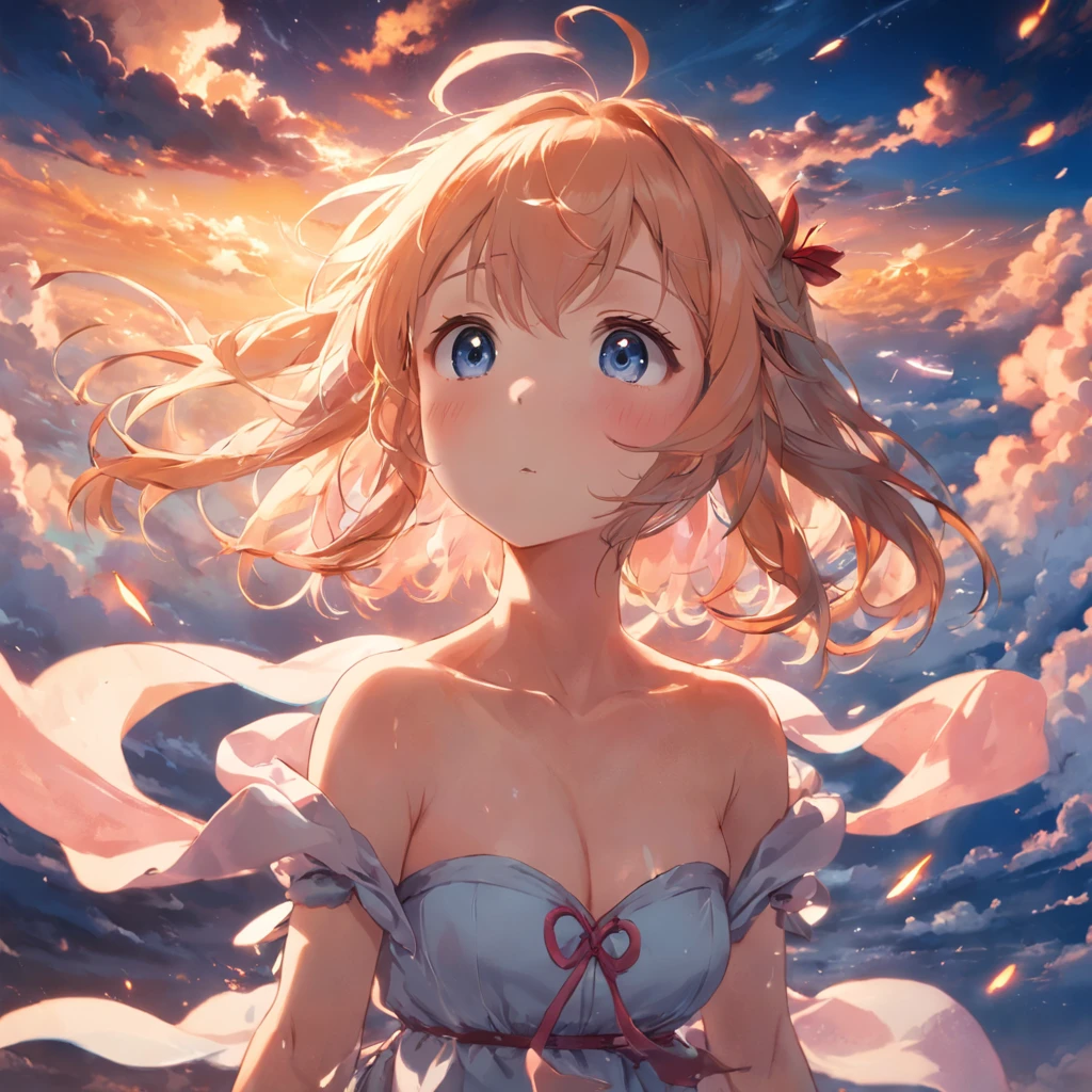 tmasterpiece，best qualtiy，cinematic Film still from，dorama，Cloud Girl，Floating in the sky，closeup cleavage，brightly，cheerfulness，Warm and soft lighting，the sunset，（spark of light：0.7）