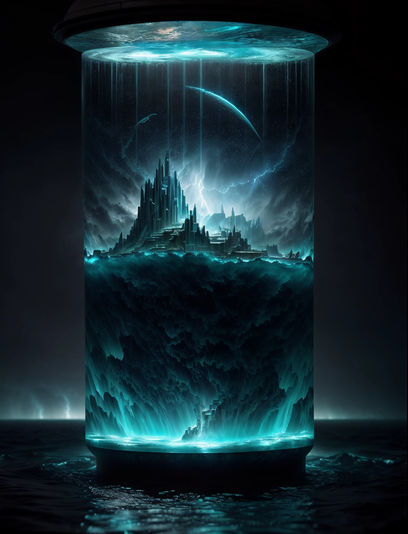 knollingcase, ocean scenery of Atlantis inside of water globe, thunderstorm, transparent data visualization, trending on art station, by Tom Bagshaw and Seb McKinnon, ultra detailed, hyper-realistic, cinematic, dramatic lighting, volumetric lighting, 150mm, octane render, photorealistic, denoise, photograph with a Hasselblad H3DII