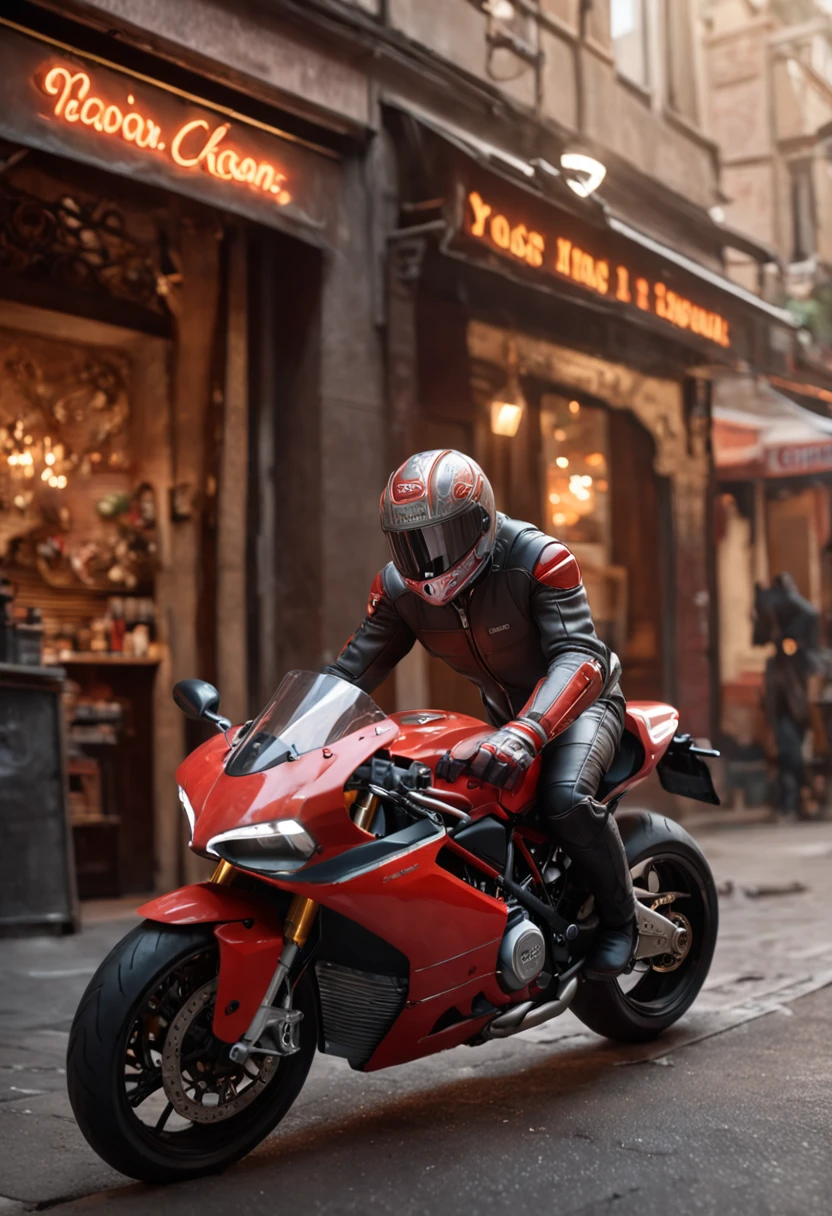 "Racer driving a Ducati motorcycle in a café,Neon lights illuminate the gorgeous baroque background,Dreamy light and shadow in the sun。The scene is full of intricate details,Brilliant 8K detail renderings make the work look like a bestseller on the art station。The painting was created by Ross Tran,Incorporates phlegm and phlegm、Artgerm and James Jean、Elements of many artists such as Brian Frowder,The perfect representation of Unreal Engine and cinematic smoothness。"