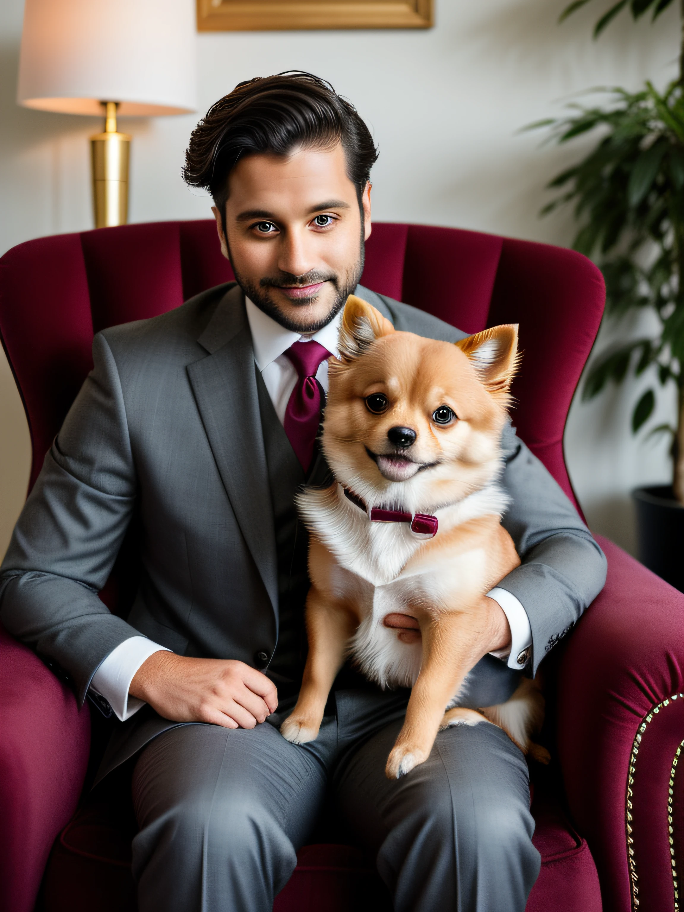 A distinguished 35-year-old gentleman seated elegantly on a vintage armchair, gently caressing a small, fluffy dog in his lap. He is wearing a tailored charcoal gray suit with a deep burgundy tie and a perfectly folded pocket square. The man's salt-and-pepper hair is neatly combed, and he exudes an air of refined charm and confidence. The dog, a tiny Pomeranian, rests comfortably in his arms, its fur reflecting a soft, warm glow under the gentle ambient light. The details of the man's well-groomed beard, the intricate stitching of his suit, and the playful sparkle in the dog's eyes are captured with meticulous realism. Photographic, captured with a high-resolution full-frame DSLR using a 50mm prime lens, f/2.8 aperture for a shallow depth of field, --ar 4:5 --v 5