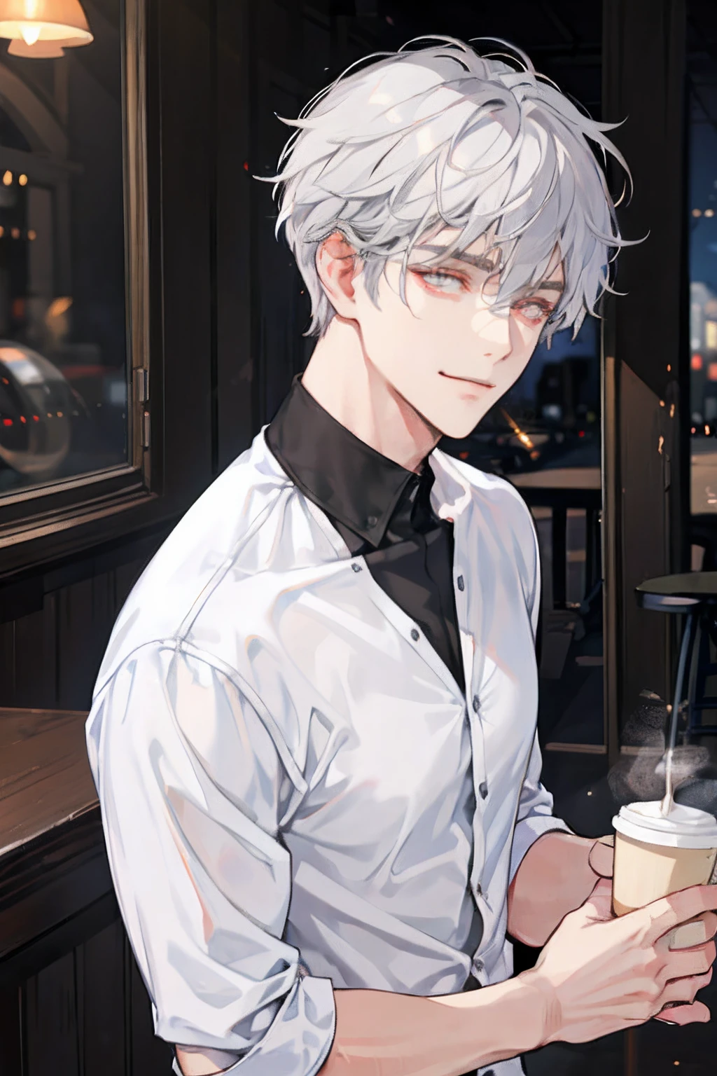 Male one , head shot, A dark-haired,Beautiful gray glowing eyes, Soft shading,, Handsome men, , Takeaway coffee, cafe scenery, Lean, ,smirking, Long bangs, Short hair, White hair, Black T-shirt,, black trousers, 1man