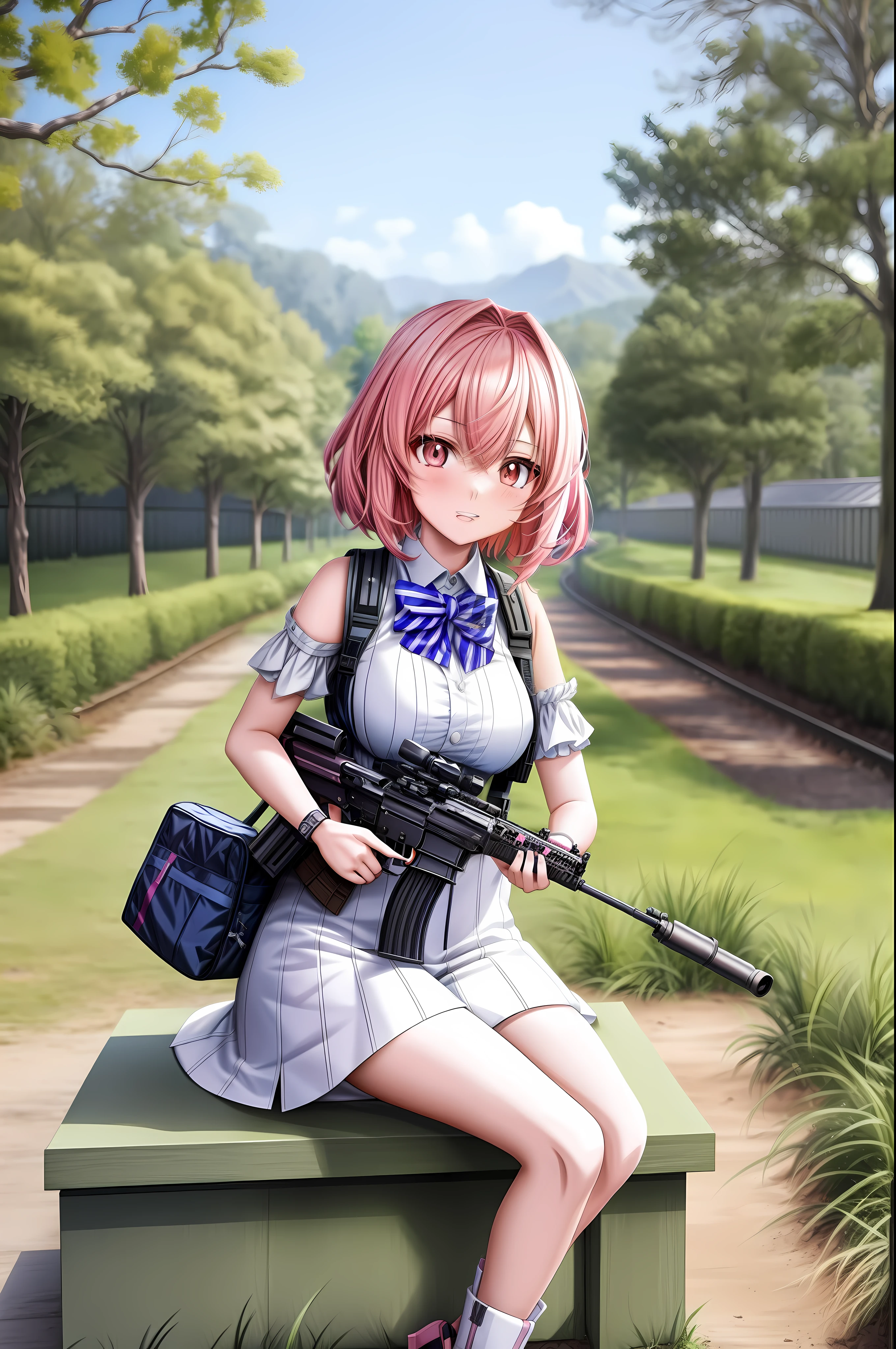 Anime girl with pink hair and gun sitting on bench, Fine details, style of anime4 K, infantry girls, with rifle, anime machine gun fire, Stylized anime, Anime style. 8K