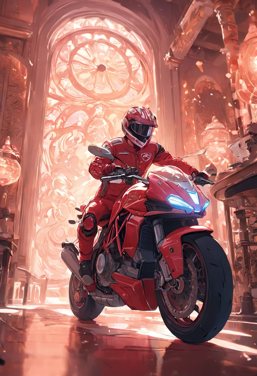 "Racer driving a Ducati motorcycle in a café，Neon lights illuminate the gorgeous baroque background，Dreamy light and shadow in the sun。The scene is full of intricate details，Brilliant 8K detail renderings make the work look like a bestseller on the art station。The painting was created by Ross Tran，Incorporates phlegm and phlegm、Artgerm and James Jean、Elements of many artists such as Brian Frowder，The perfect representation of Unreal Engine and cinematic smoothness。"