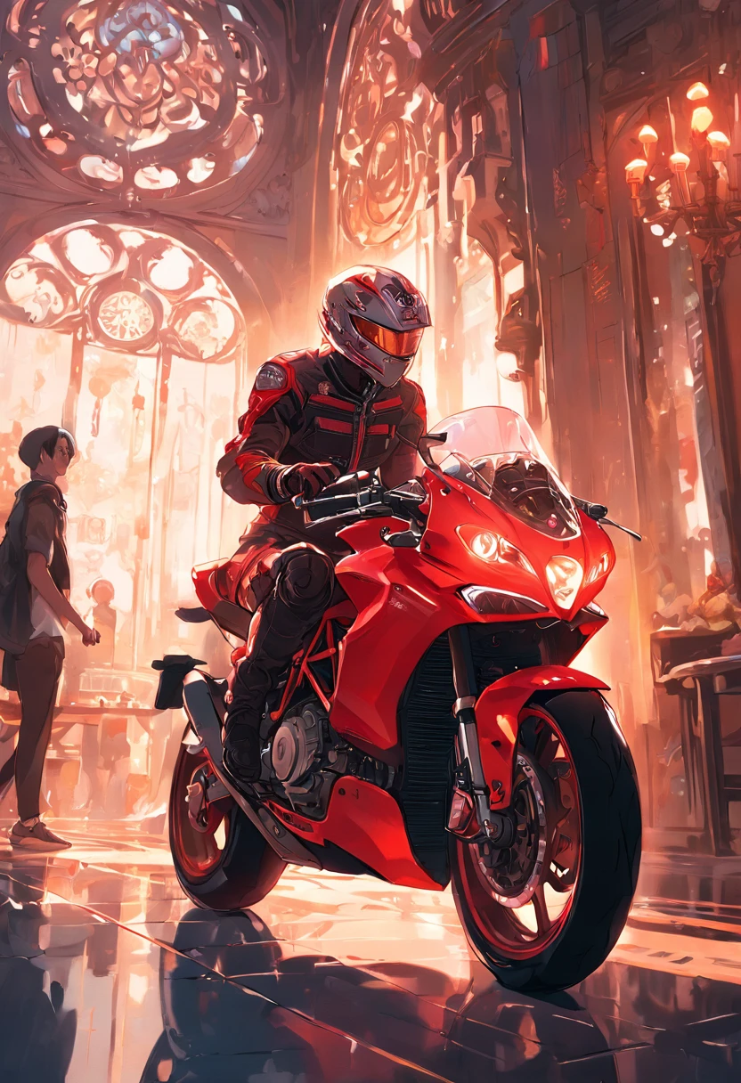 "Racer driving a Ducati motorcycle in a café，Neon lights illuminate the gorgeous baroque background，Dreamy light and shadow in the sun。The scene is full of intricate details，Brilliant 8K detail renderings make the work look like a bestseller on the art station。The painting was created by Ross Tran，Incorporates phlegm and phlegm、Artgerm and James Jean、Elements of many artists such as Brian Frowder，The perfect representation of Unreal Engine and cinematic smoothness。"