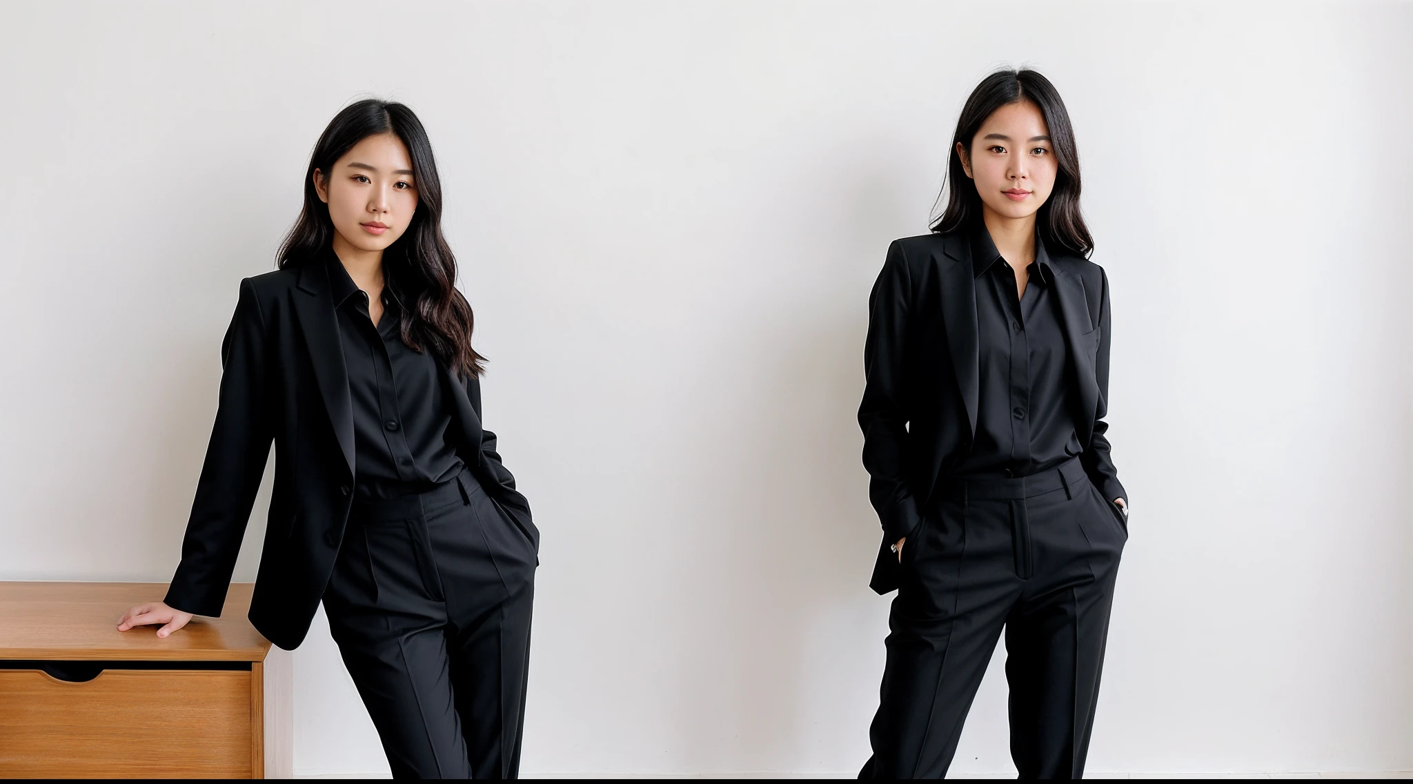 instagram photo, japanese one girl in a black suit, black shirt and black pants posing suit for a picture on the white background