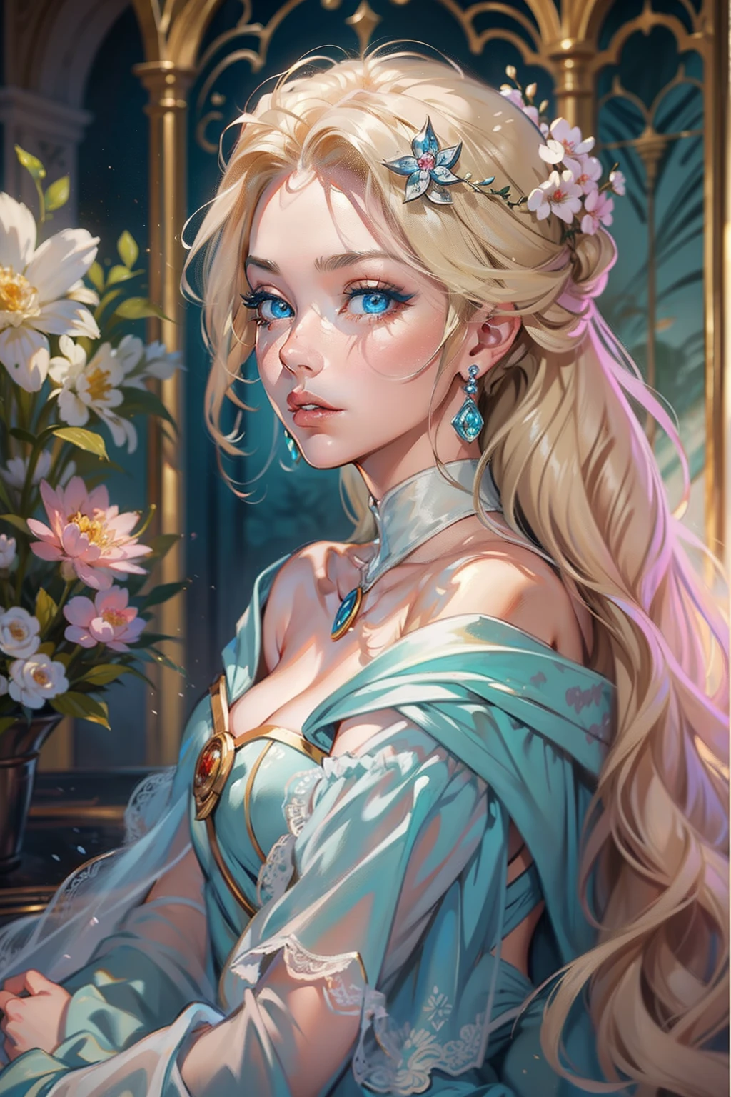 A woman sits in a huge makeup case，hold a flower, princess portrait, Guviz-style artwork, blond-haired princess, portrait of princess, Guviz, kazakh empress, portrait of a princess, portrait of princess zelda, in the art style of bowater, Baroque fluffy skirt，Fantasy art style, beautiful fantasy maiden，Exquisite and perfect facial features，美丽细致的眼睛，long eyelasher，Delicate eyeliner，Blue eyes，Dark pupils，There are bright spots in the eyes，almond eyes，Beautiful lip details，8K high-definition，anatomy correct，Oil painting thick painting style