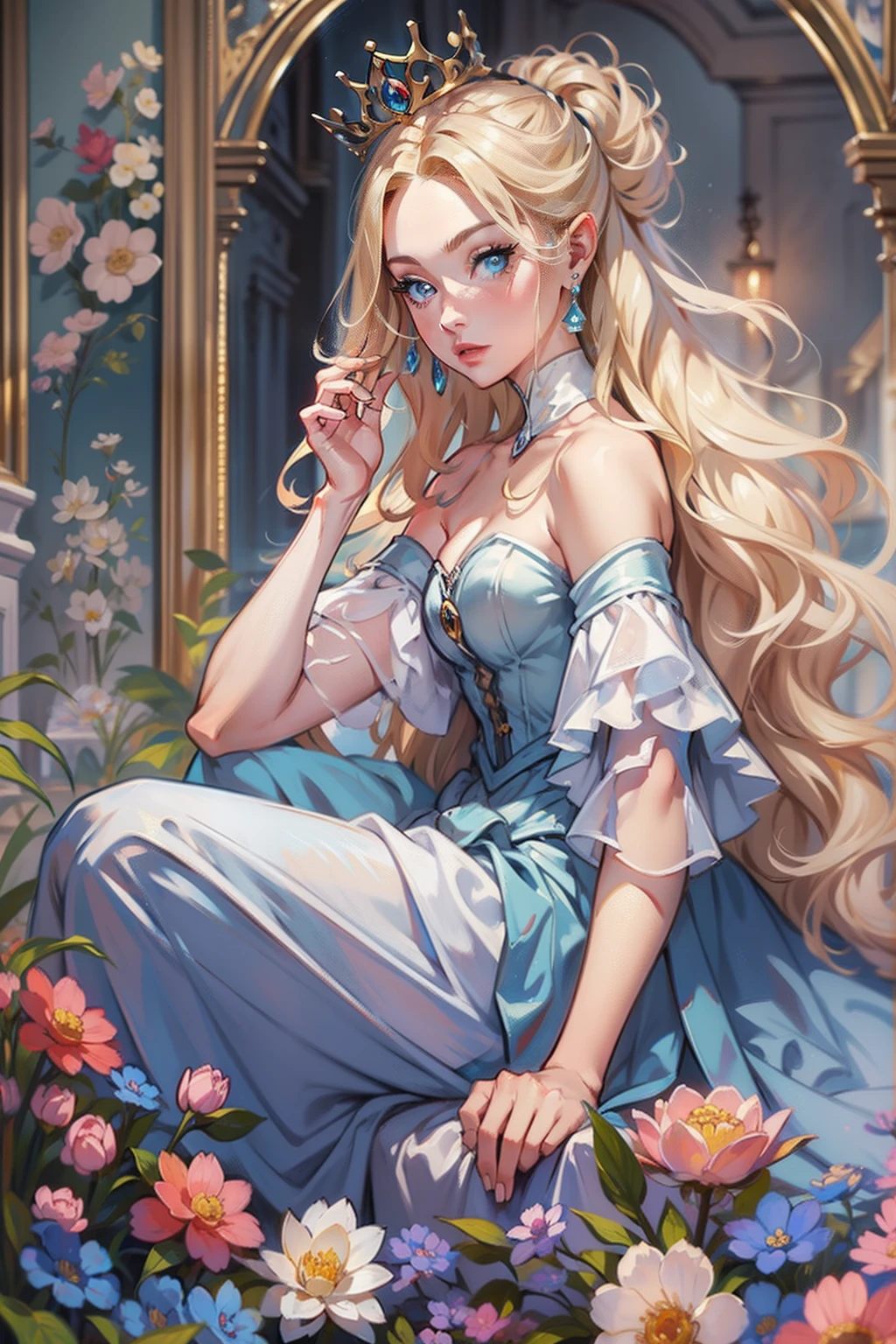 A woman sits in a huge makeup case，hold a flower, princess portrait, Guviz-style artwork, blond-haired princess, portrait of princess, Guviz, kazakh empress, portrait of a princess, portrait of princess zelda, in the art style of bowater, Baroque fluffy skirt，Fantasy art style, beautiful fantasy maiden，Exquisite and perfect facial features，美丽细致的眼睛，long eyelasher，Delicate eyeliner，Blue eyes，Dark pupils，There are bright spots in the eyes，almond eyes，Beautiful lip details，8K high-definition，anatomy correct，Oil painting thick painting style