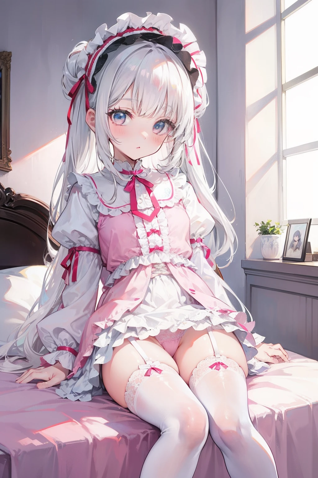 Cute white-haired ,Dressed in Lolind white stockings,Sitting on the bedside,spread their legs,Pink panties can be seen,Leak down