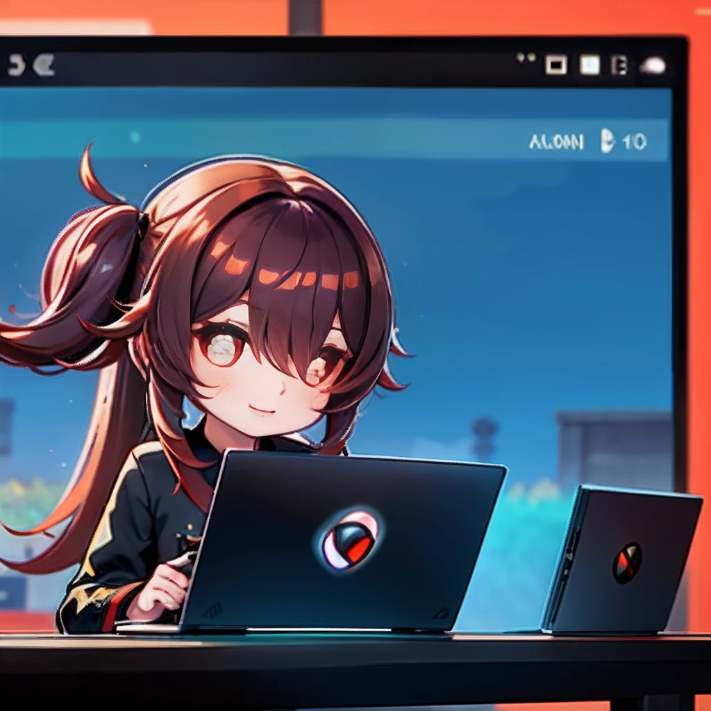 Hair over one eye、One Woman, 独奏, (twitch emote:1), Chibi, Brown hair, red eyes, , comic strip, departamento otaku backgrounid, a sticker, Thick black outline,Denim dresses、Black blouse、hair down、Orange hair、、brown haired、Denim Long Skirt hutao, sentada frente a una computadora y sentada de rodillas, laptop, internet, PCgamer, audifonos gamer con microfono, poscast, control gamer, control xbox, pantalla con chat, twitch,