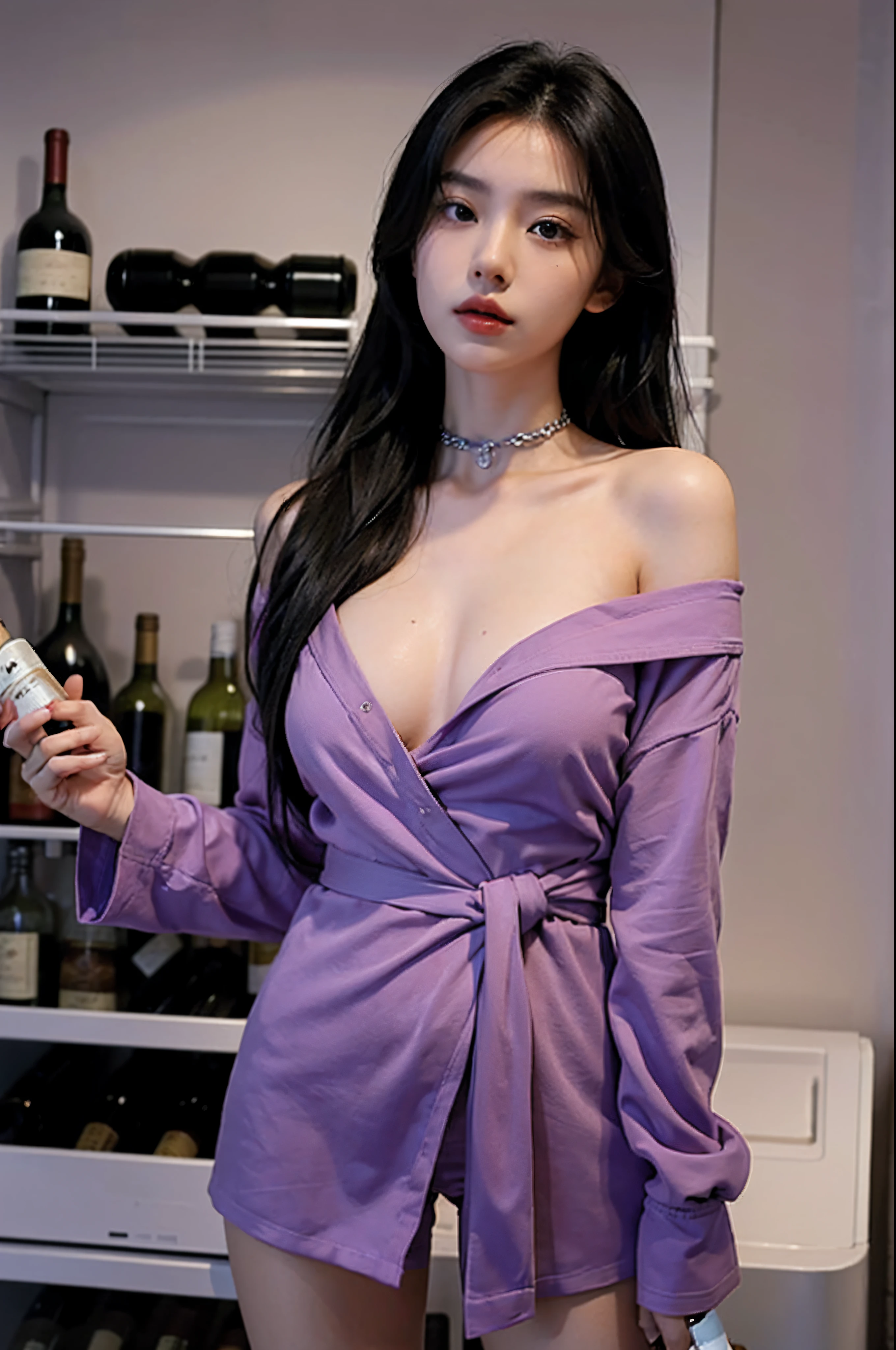 1girl, 175cm,korean model, 23 years old,soft body, black hair, wavy hair,whole body,tied hair,hair tied up, hair reaches waist,,slender legs,purple watch, purple bracelet, purple chain, purple choker,wet oversized shirt,no bottom, unbuttoned,undressing,close-up, 8k, RAW photo, best quality, masterpiece,realistic, photo-realistic,seductive,((holding bottle of wine from fridge))