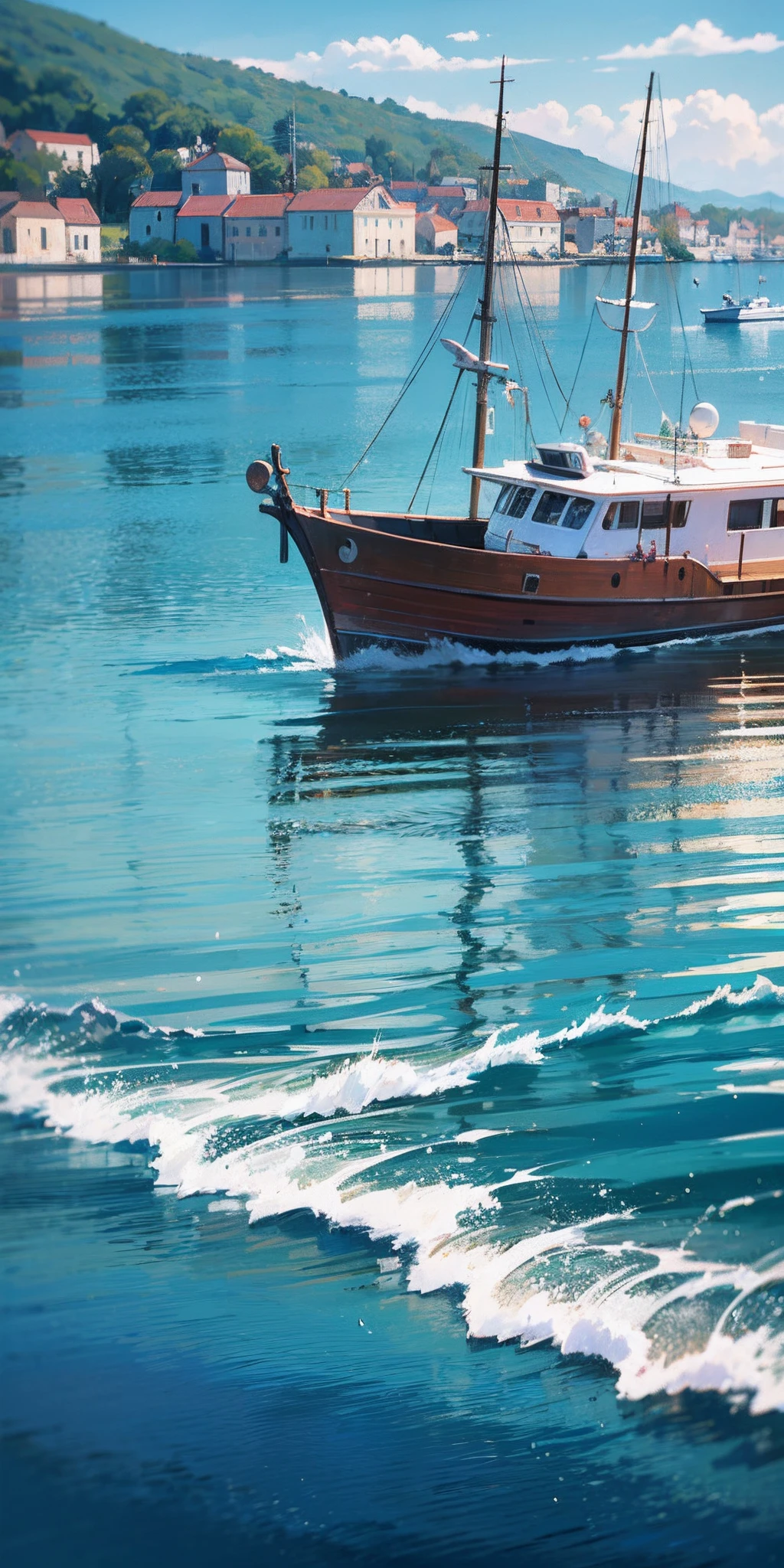 a white boat floating on top of a body of water, croatian coastline, photo taken with ektachrome, crystal clear sea, mediterranean island scenery, crystal clear blue water, pristine water, clear blue water, blue and green water, crystal clear water, perfectly calm waters, beautiful sea landscapes, azure blue water, blue waters, green waters, today's featured photography 4k, overcast weather, medium-sized cream-colored boat, boat positioned far from the coastline, nightfall ambiance, captured with a high-quality camera model, capturing the composition of the boat in the center of the frame, a perspective that highlights the boat's elegance and the vastness of the surrounding sea, soft and diffused lighting that enhances the boat's features and creates a serene atmosphere, a shallow depth of field to emphasize the boat and create a dreamy effect, a slow shutter speed to capture the gentle movement of the boat on the calm waters, impeccable photo quality that showcases the vibrant colors and intricate details of the scene, showcasing the picturesque beauty of the Croatian coastline and the mesmerizing azure blue and green waters. --auto --s2
