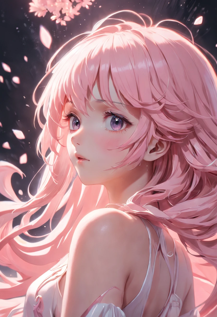 A breathtakingly beautiful 3D surreal woman,Light pink hair, Her hand hovered gracefully beside her face, Create artwork.